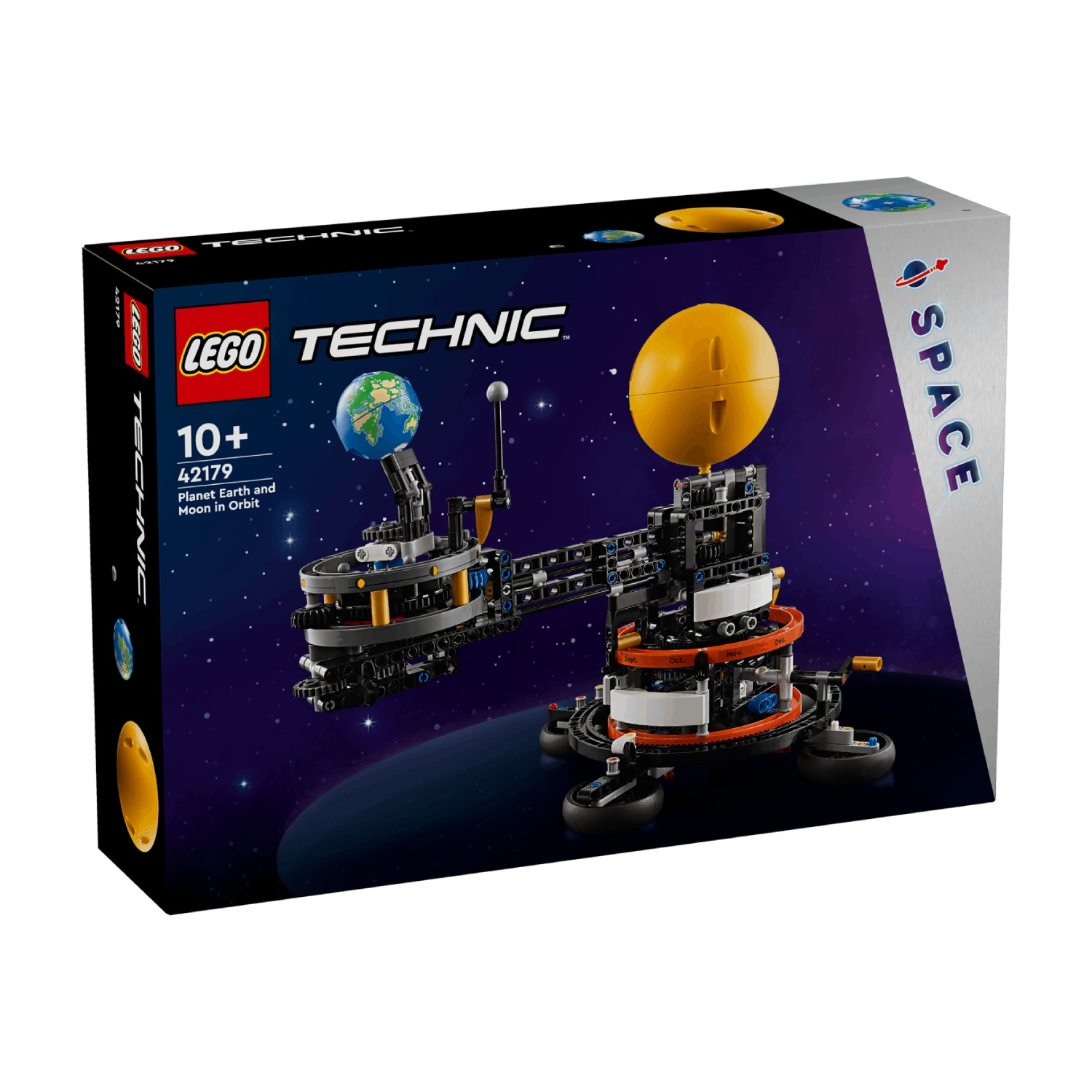 Lego Technic Planet Earth and Moon in Orbit set on a space background.