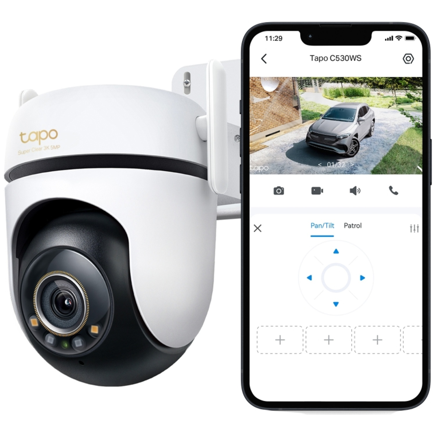 White Tapo security camera next to a smartphone showing a car live view.