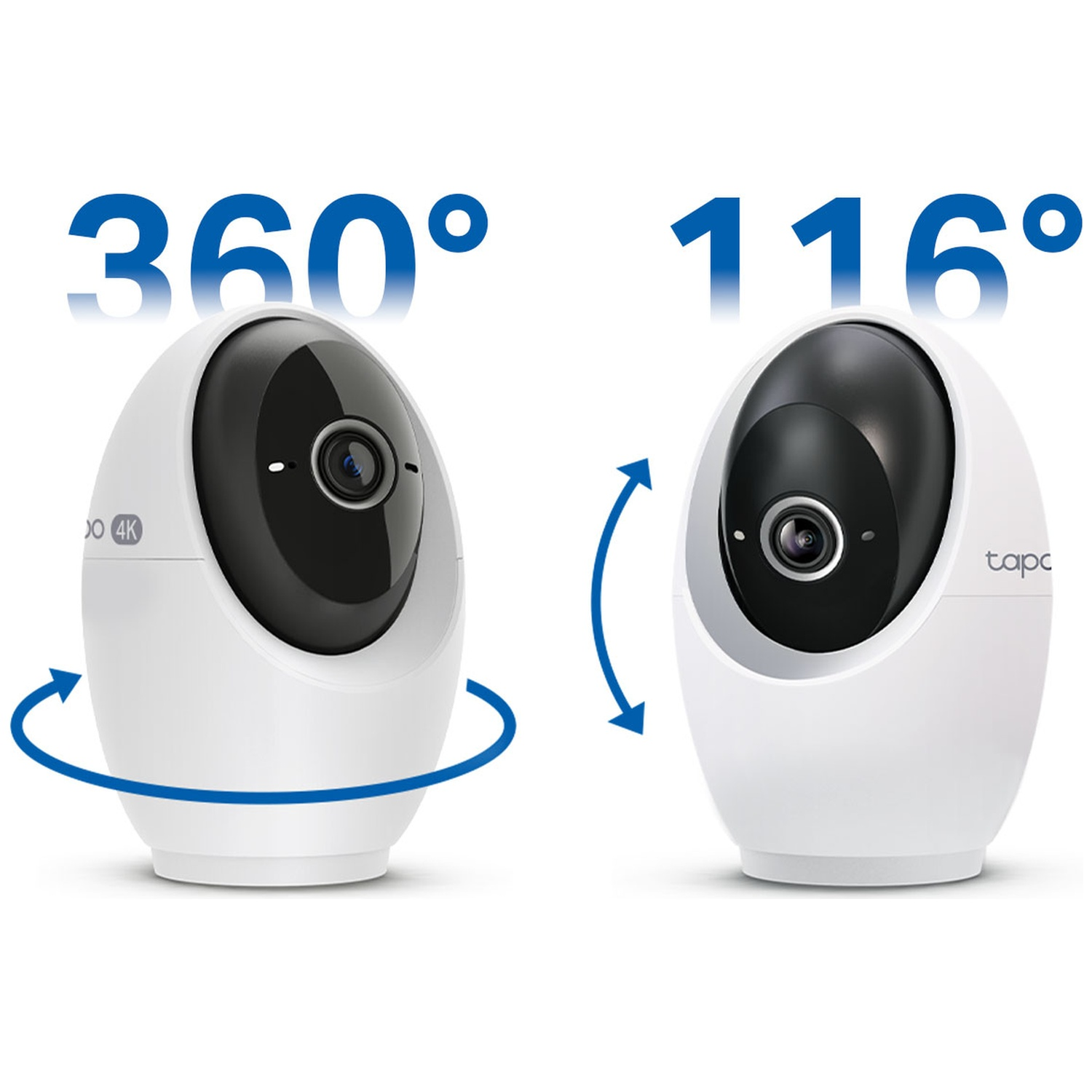 Witte PTZ beveiligingscamera hub met 360° en 116° bewegingsindicatoren.