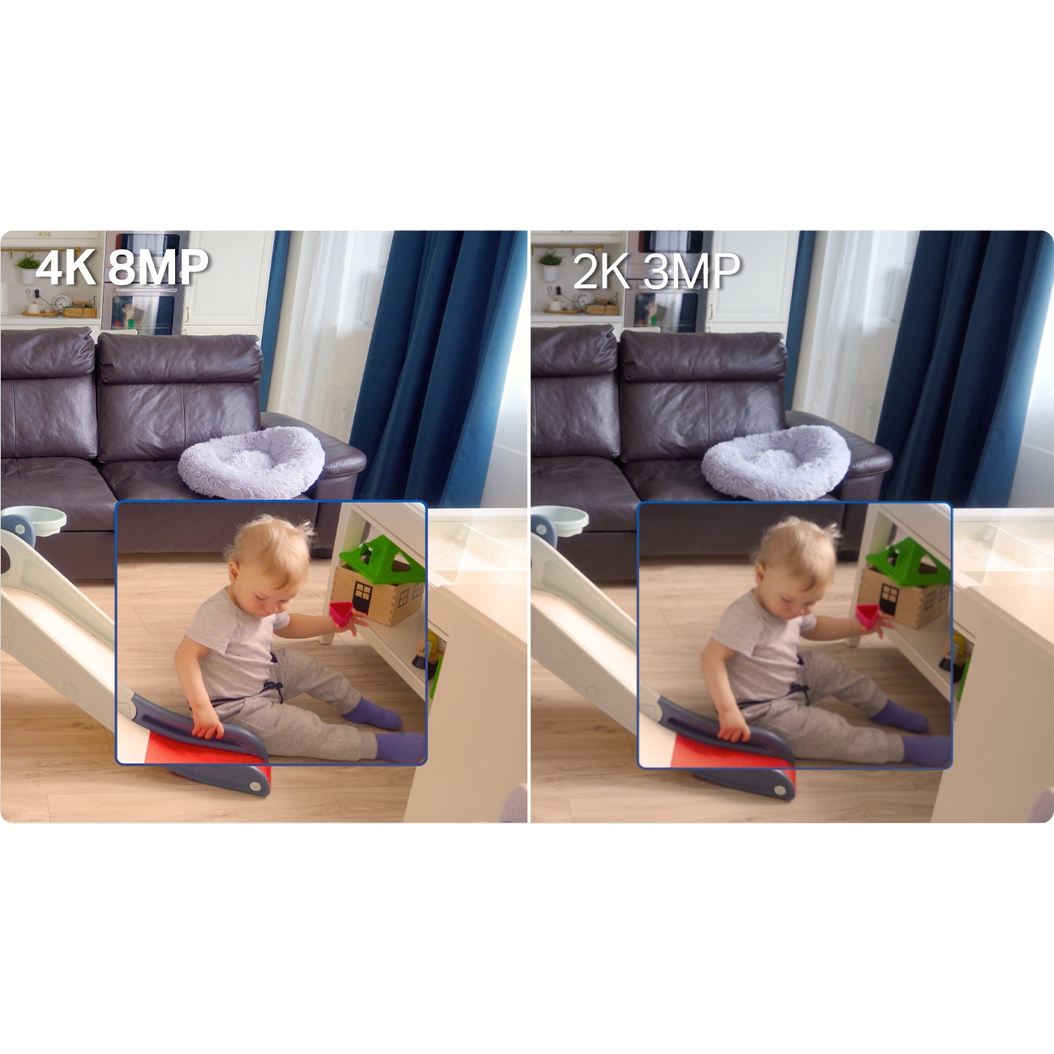 Een peuter speelt met speelgoed op de vloer naast een glijbaan.