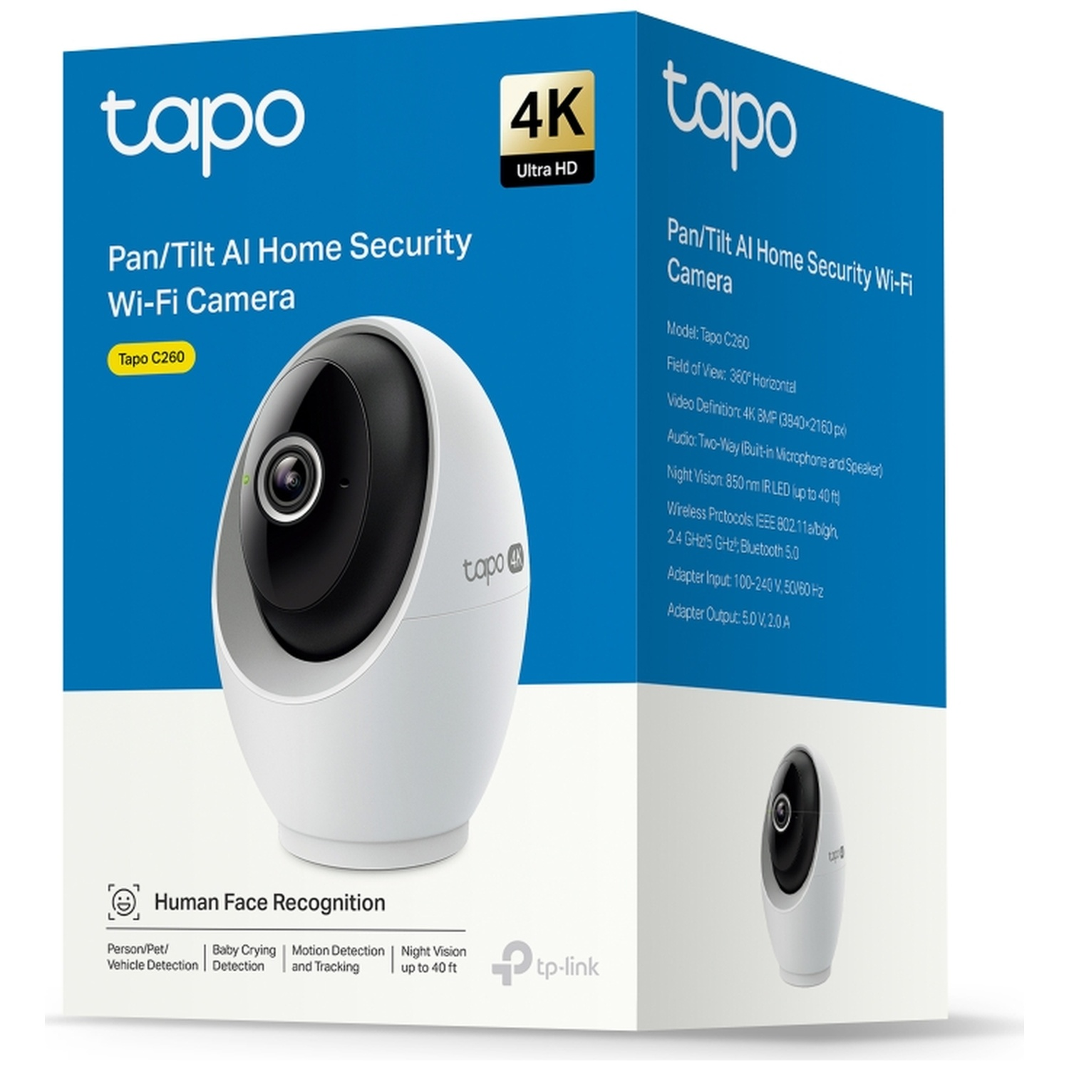 Verpakking van een Tapo 4K AI Pan/Tilt Home Security Wi-Fi Camera.