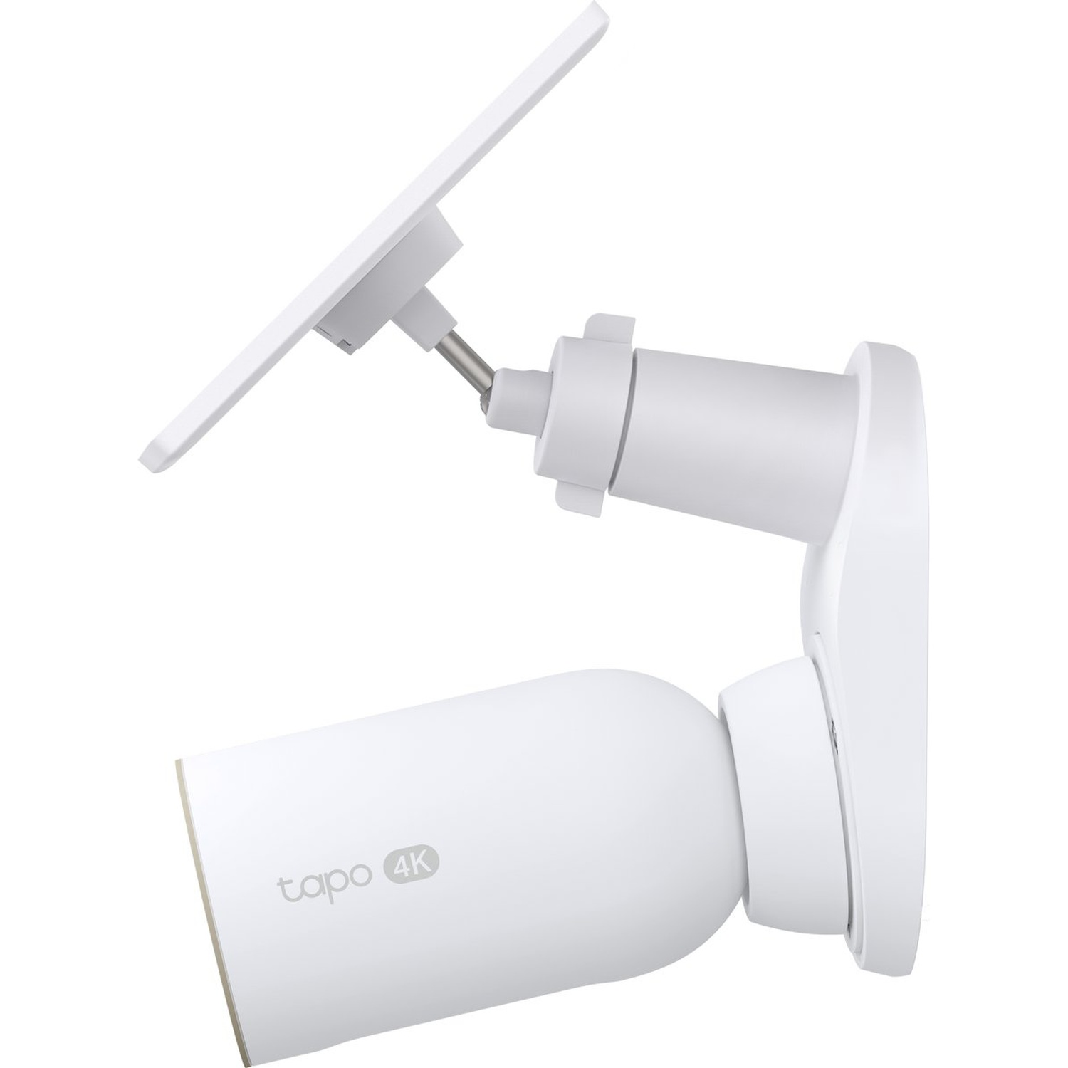 A white security camera with a solar panel, mounted on a white base.