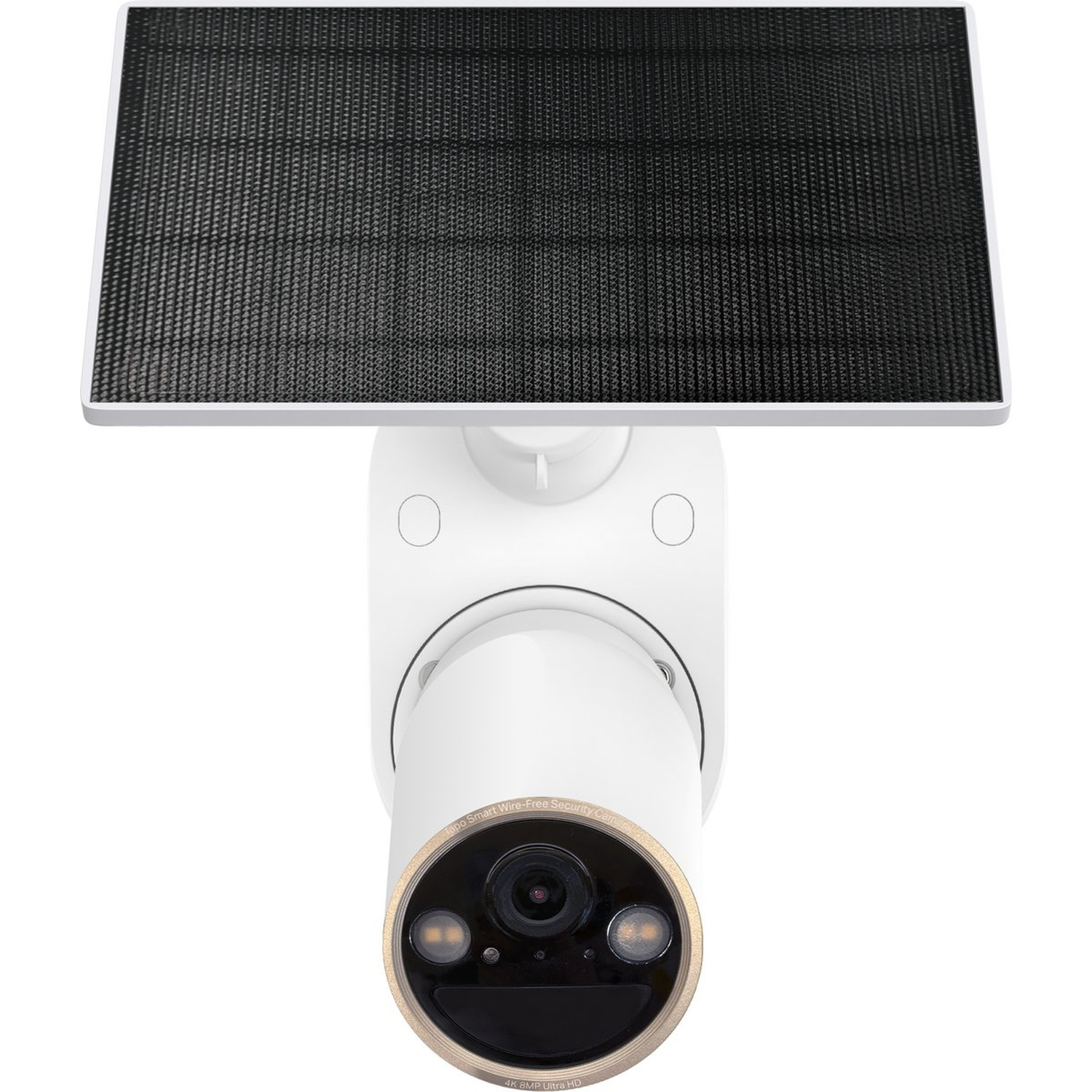 White security camera with solar panel and gold lens ring.