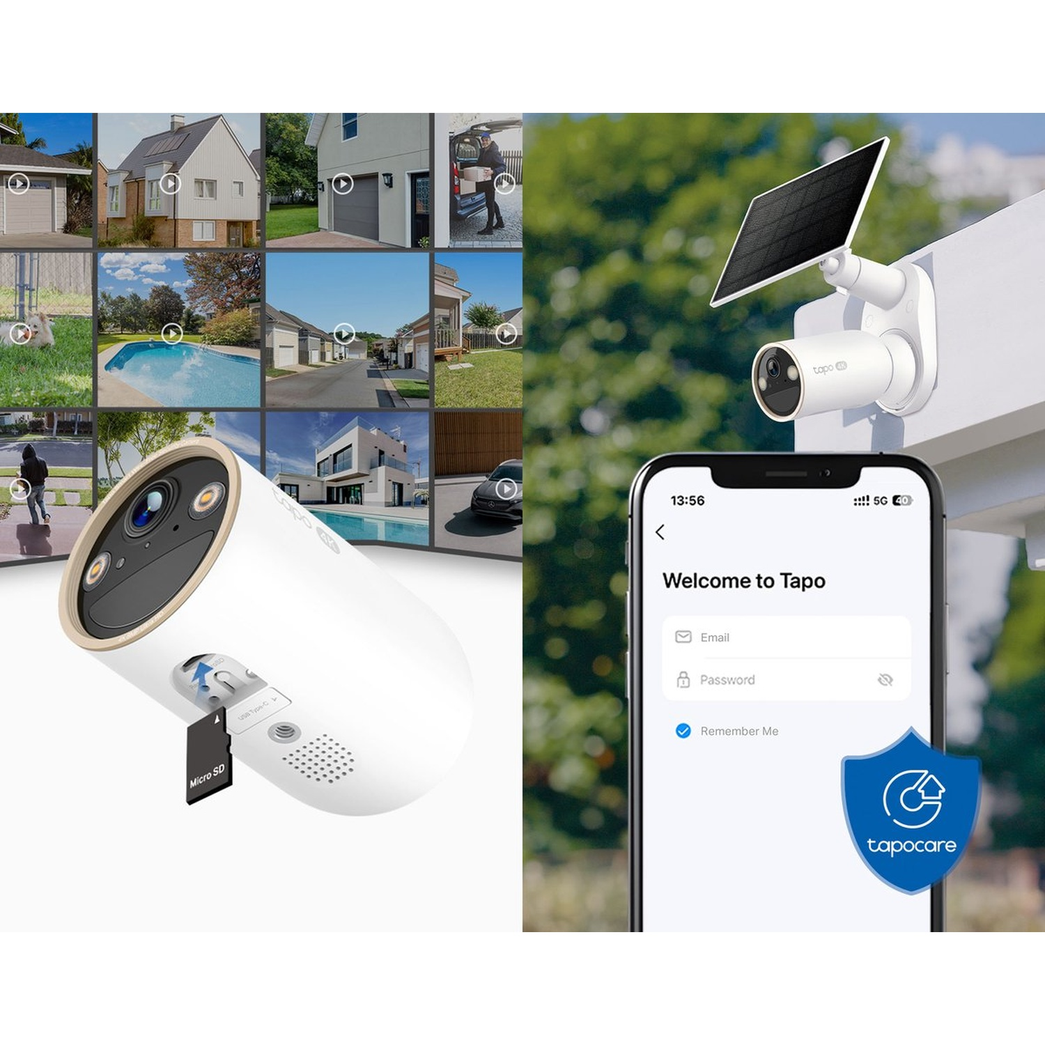 Security camera with solar panel and SD card next to a phone displaying the Tapo app.