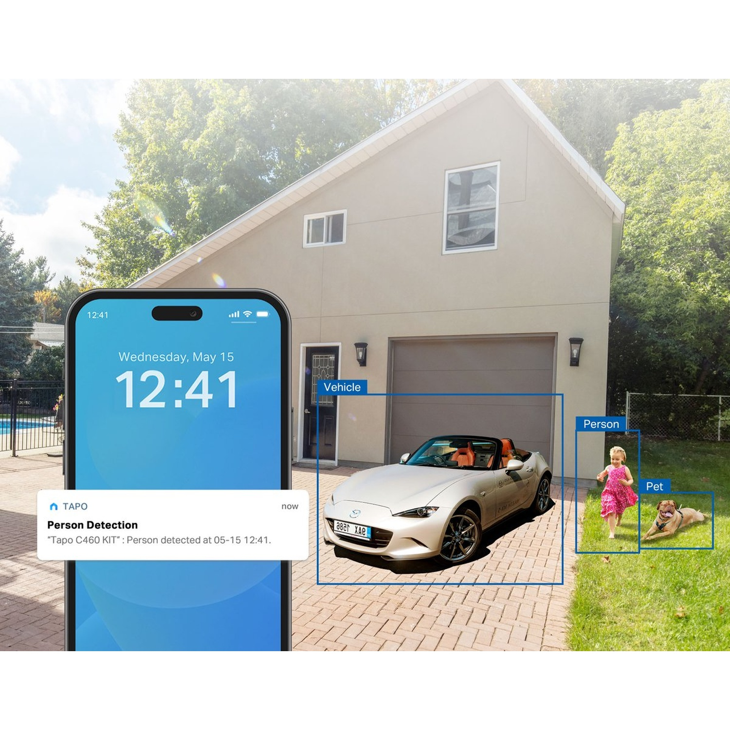 A phone shows person and vehicle detection outside a house with a car, child, and dog.