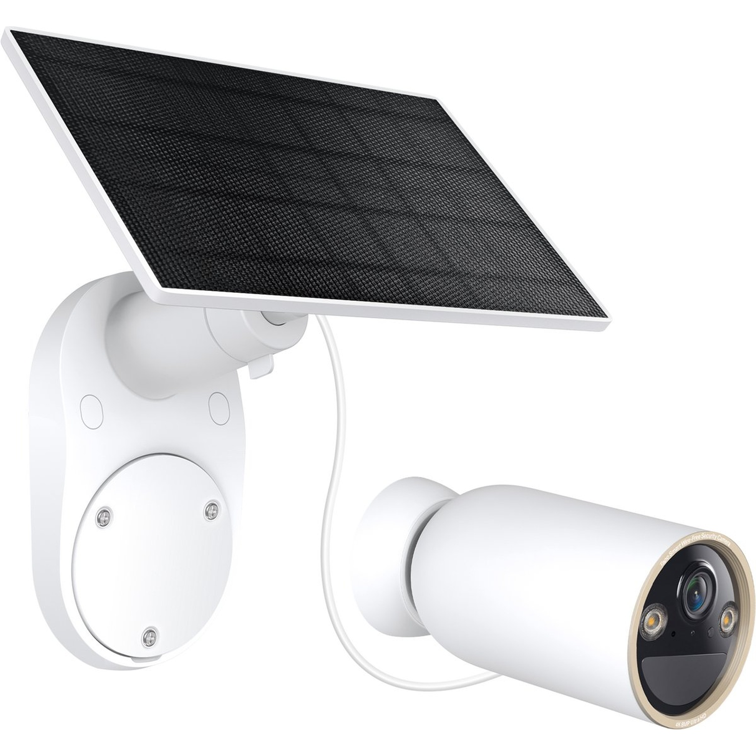 White security camera with solar panel and mount.