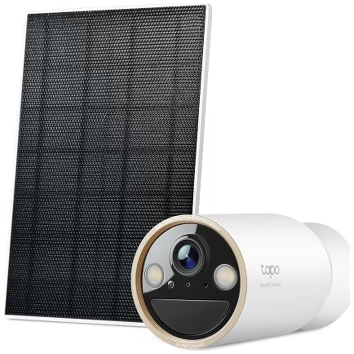 A white security system with a solar panel and camera.