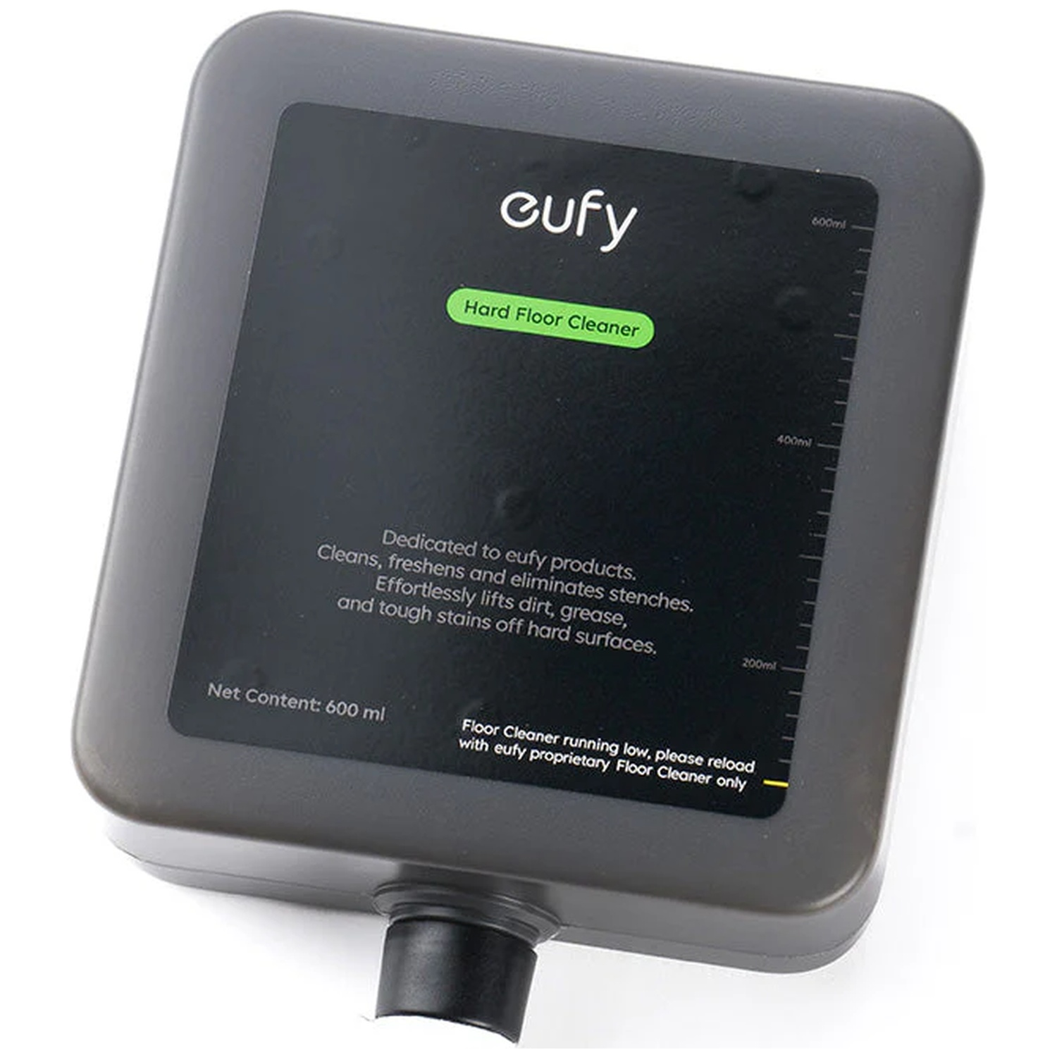 Donker reservoir met Eufy harde vloerenreiniger label en vulniveau-indicatie.