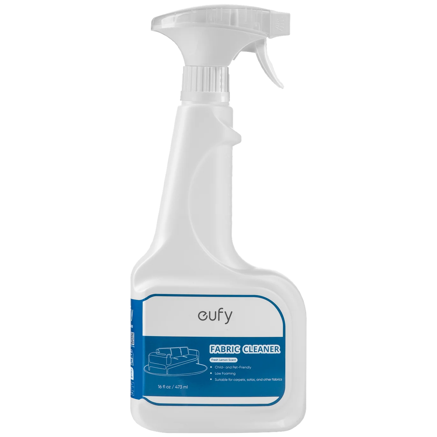 Witte Eufy stofreiniger spuitfles met blauw etiket waarop een bank staat.