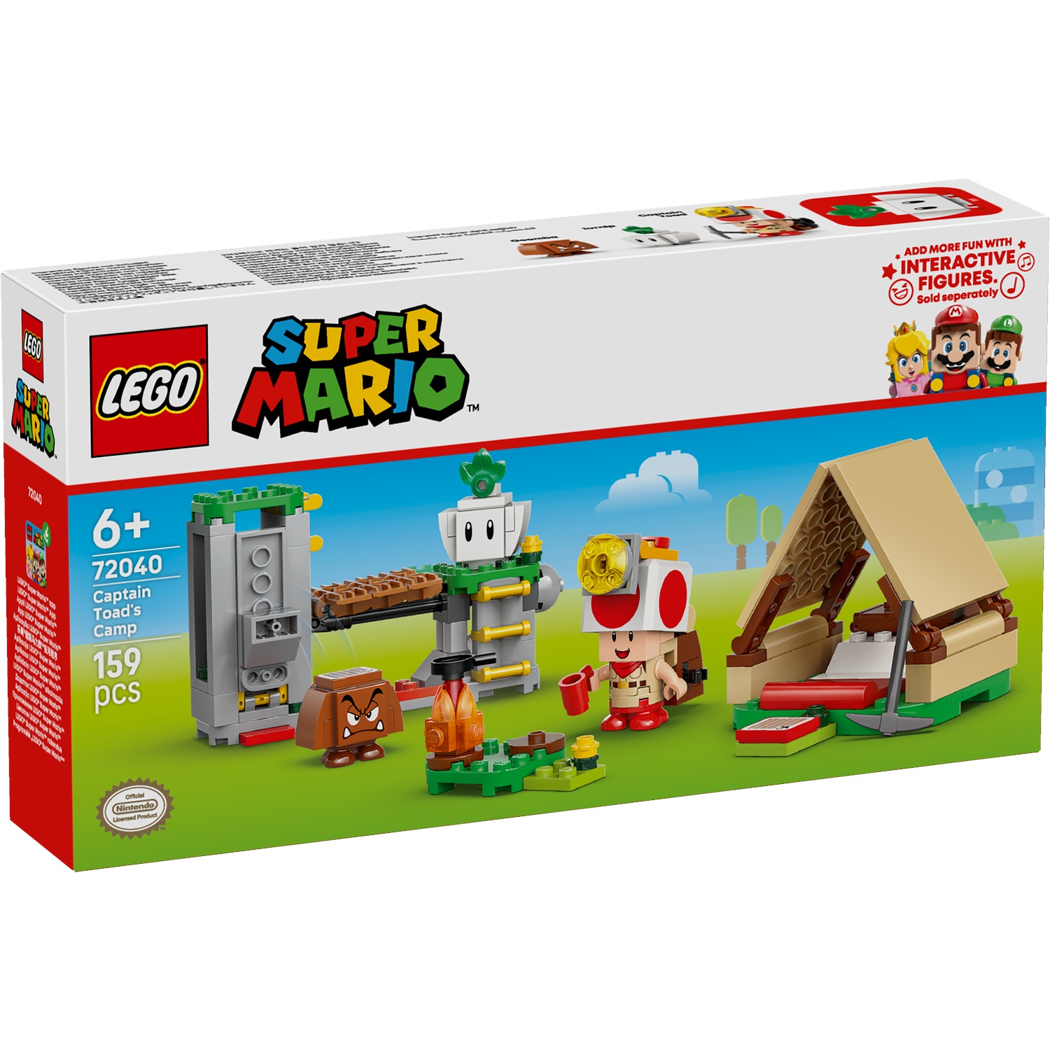 LEGO Super Mario Captain Toad's Camp set with figures, tent, and interactive elements.