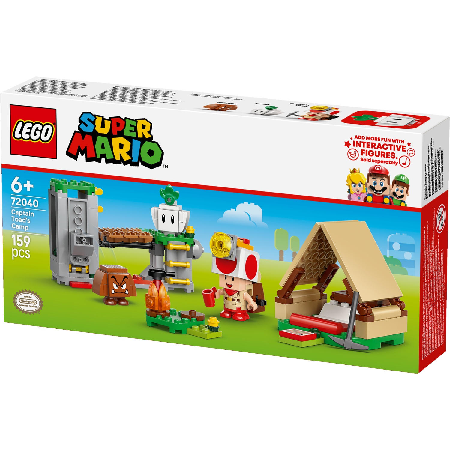 LEGO Super Mario Captain Toad's Camp set with figures, tent, and obstacles.