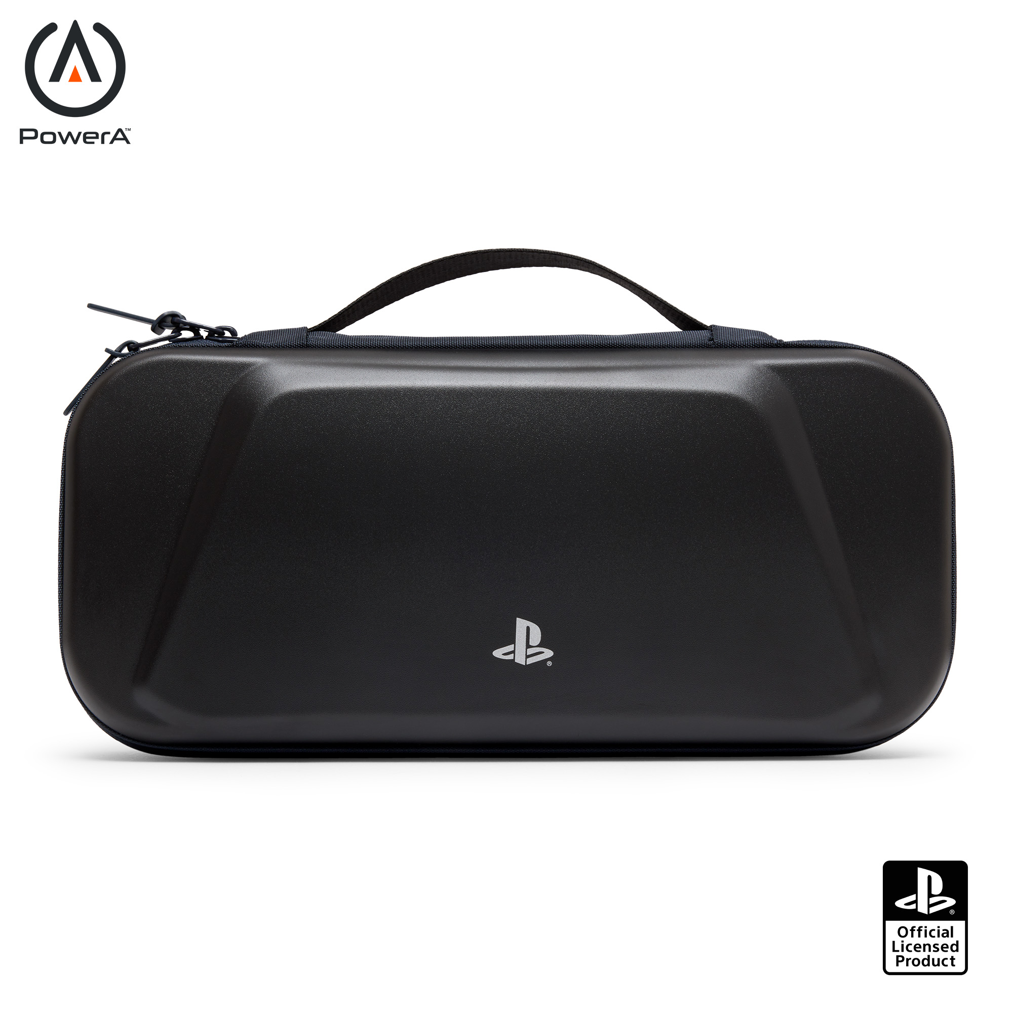 Schwarze PS5-Tasche mit PowerA-Logo und PlayStation-Symbol.