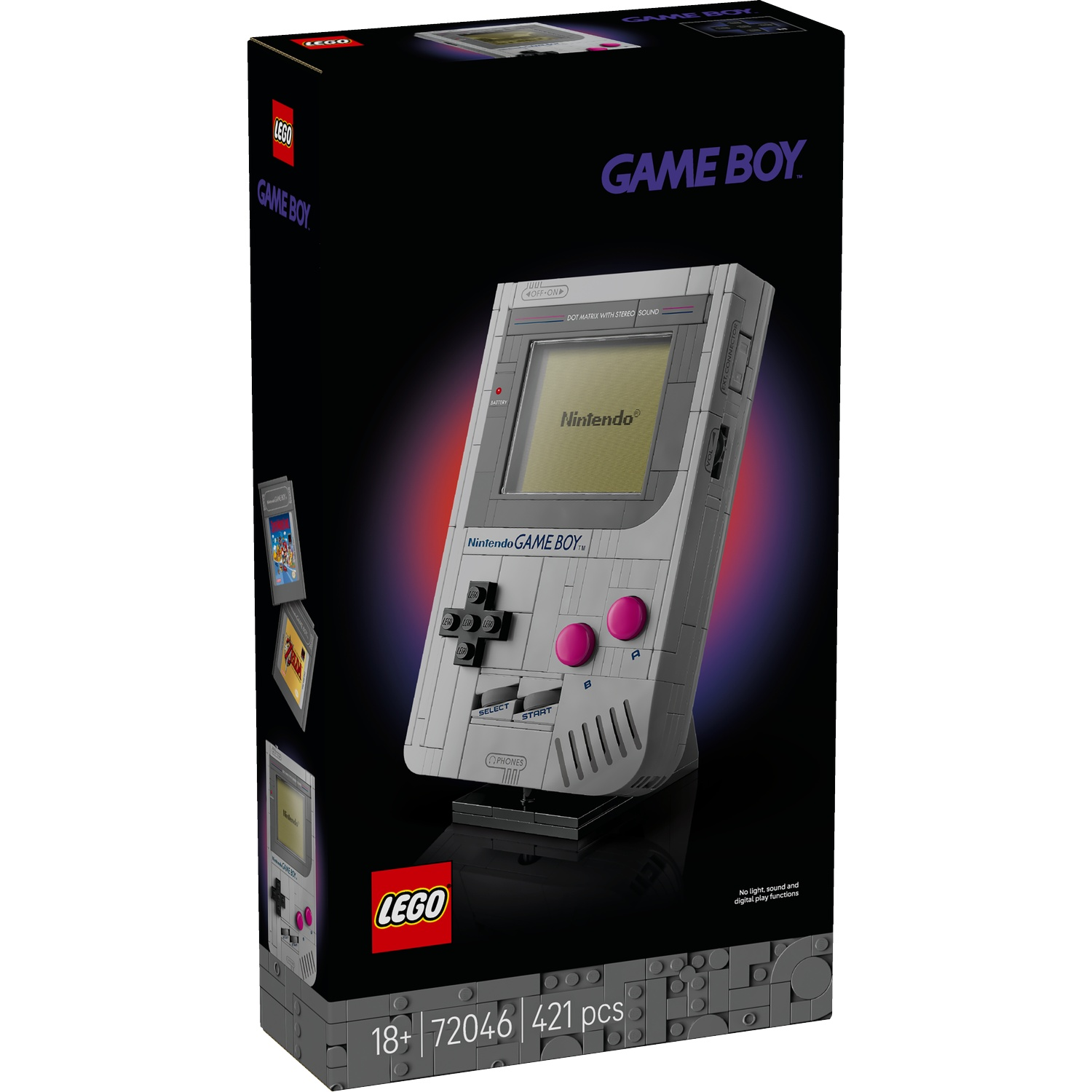 Boîte LEGO Game Boy avec modèle détaillé et cartouches de jeu.