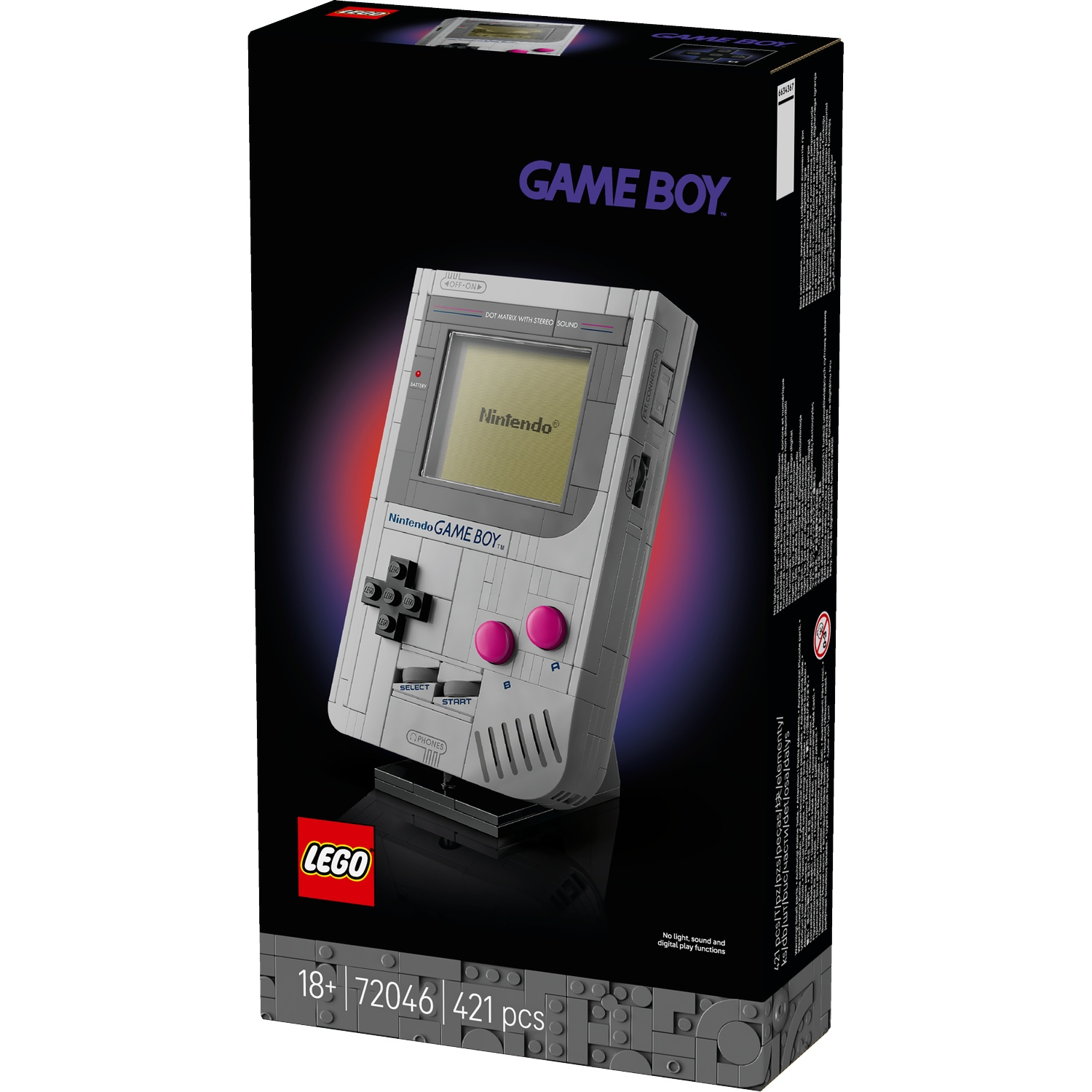 Emballage d'un set LEGO Game Boy avec une maquette détaillée du Game Boy.