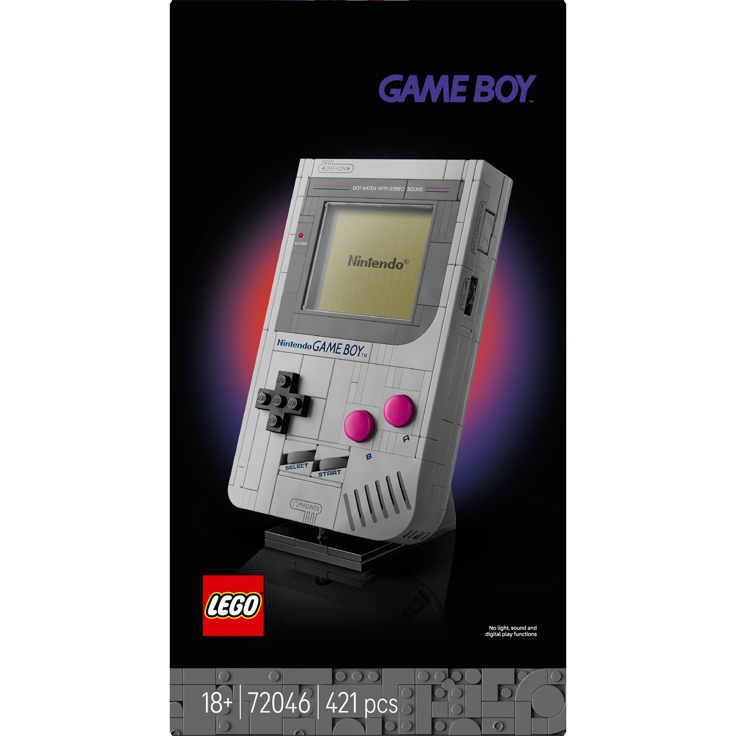 Un modèle Lego d'une Nintendo Game Boy avec boutons roses sur un socle.