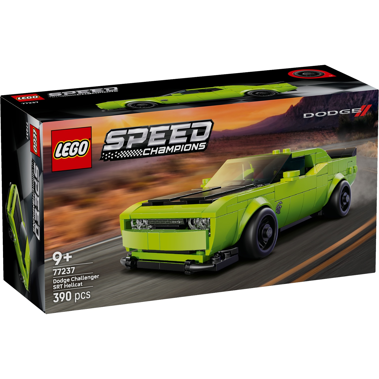 Une Dodge Challenger SRT Hellcat Lego verte sur une piste de course.