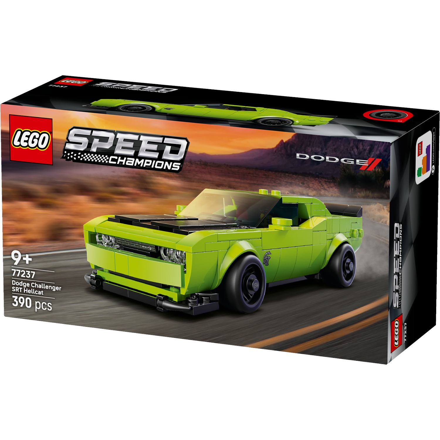 Set de voiture jouet LEGO Dodge Challenger SRT Hellcat sur boîte noire avec image d'arrière-plan.