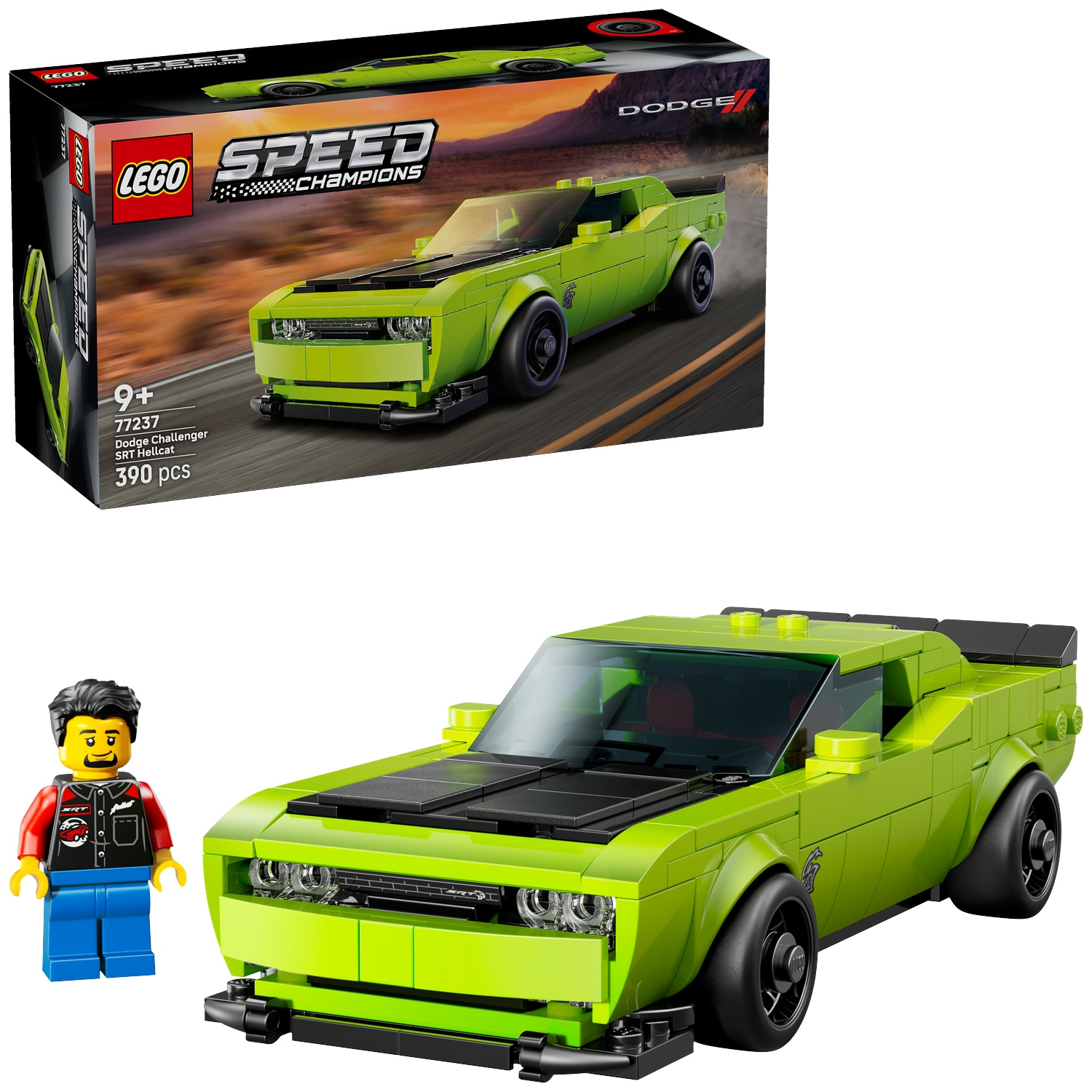 Un modèle Lego Dodge Challenger SRT Hellcat vert et une figurine sur fond blanc.