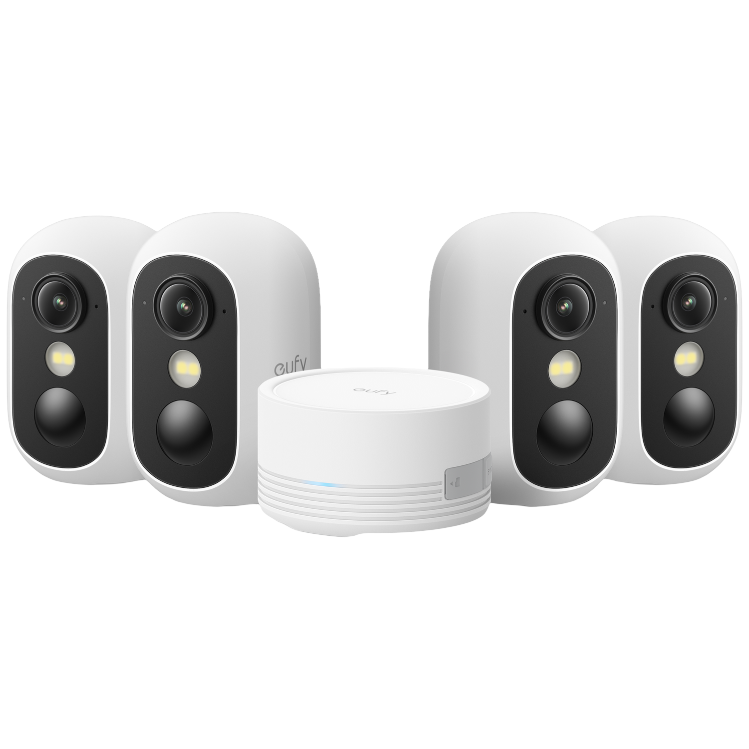 Trois caméras Eufy blanches et une base blanche avec LED bleue.