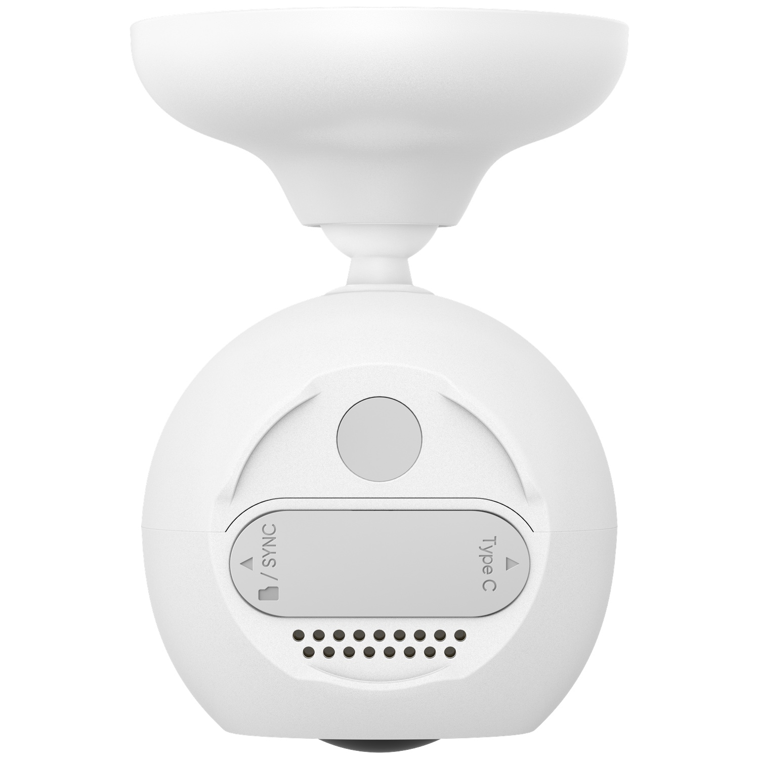 Caméra de sécurité blanche et sphérique avec port Type-C et bouton Sync.