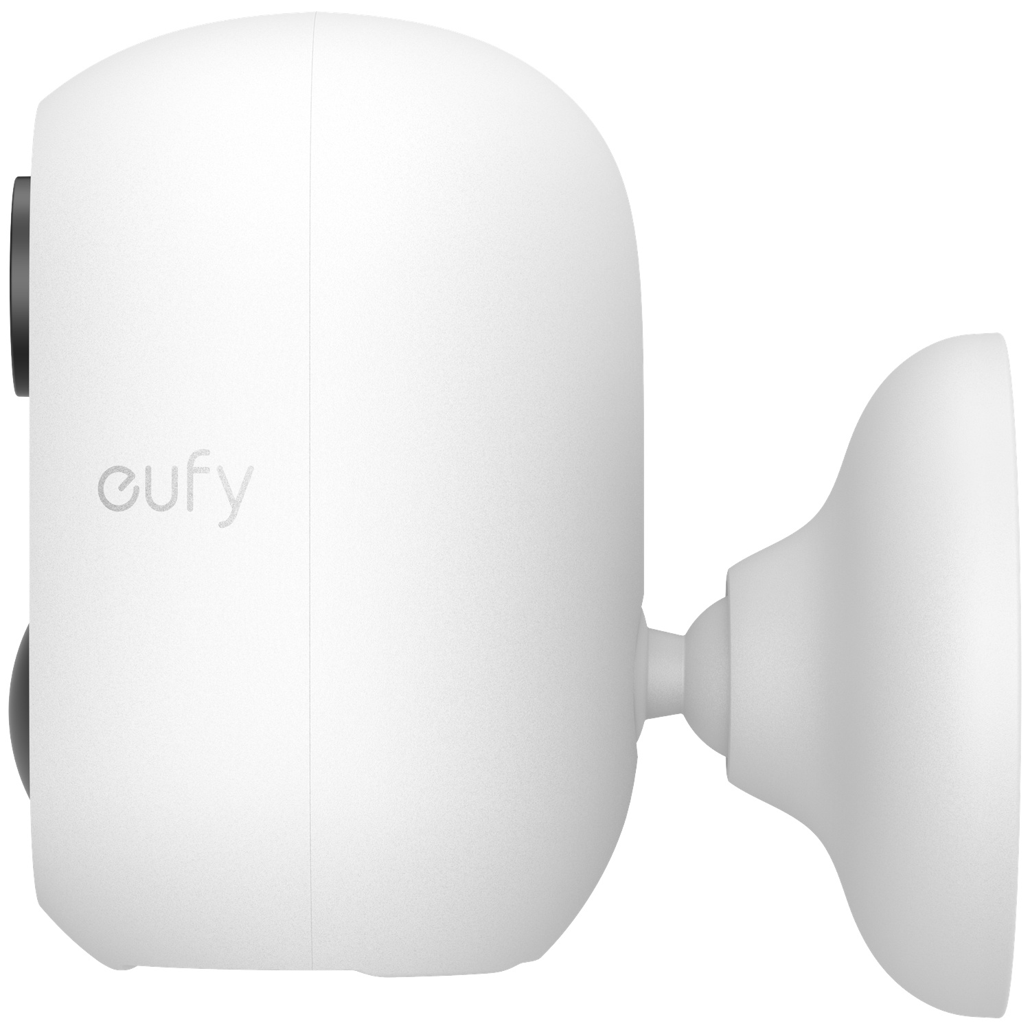 Caméra Eufy blanche avec support, fond blanc.
