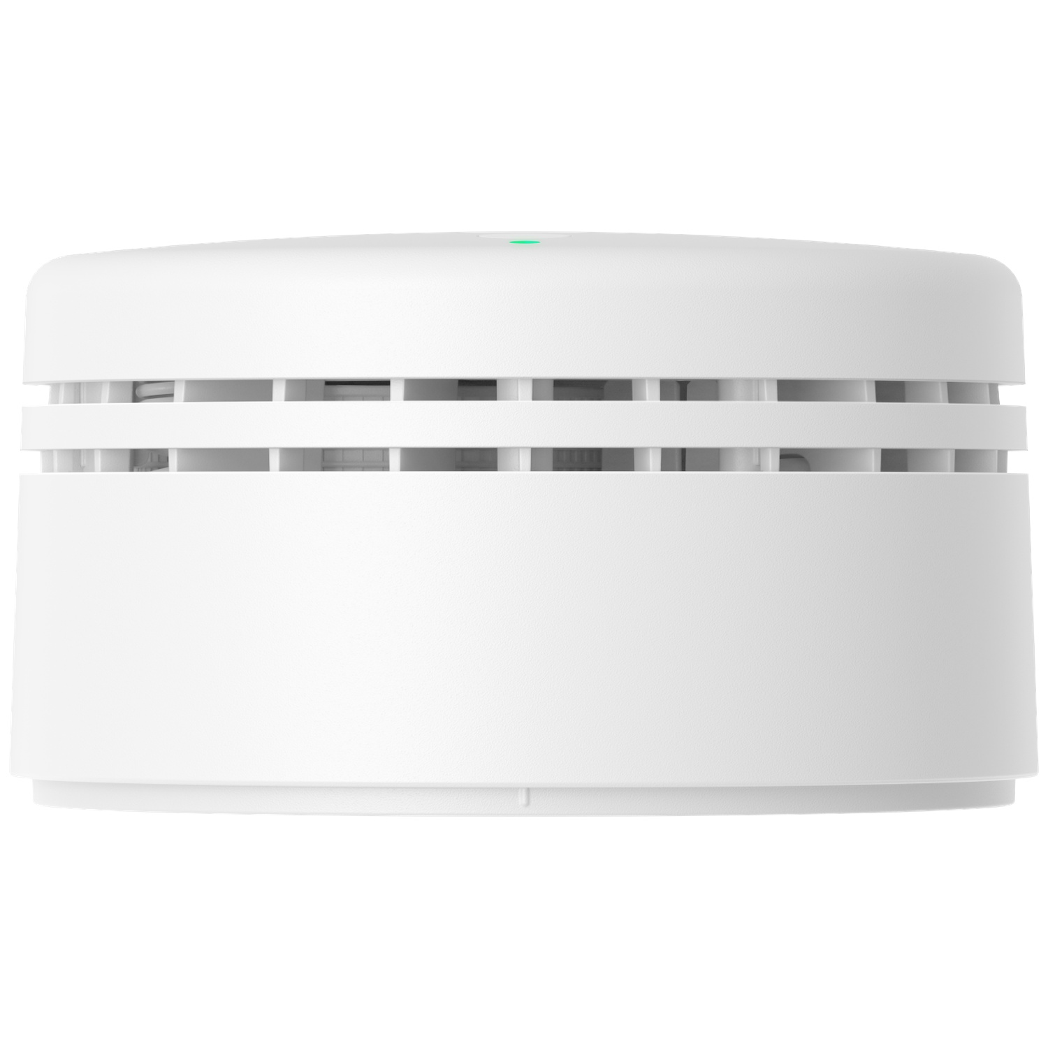 A white smoke detector with ventilation slots and a green LED light.