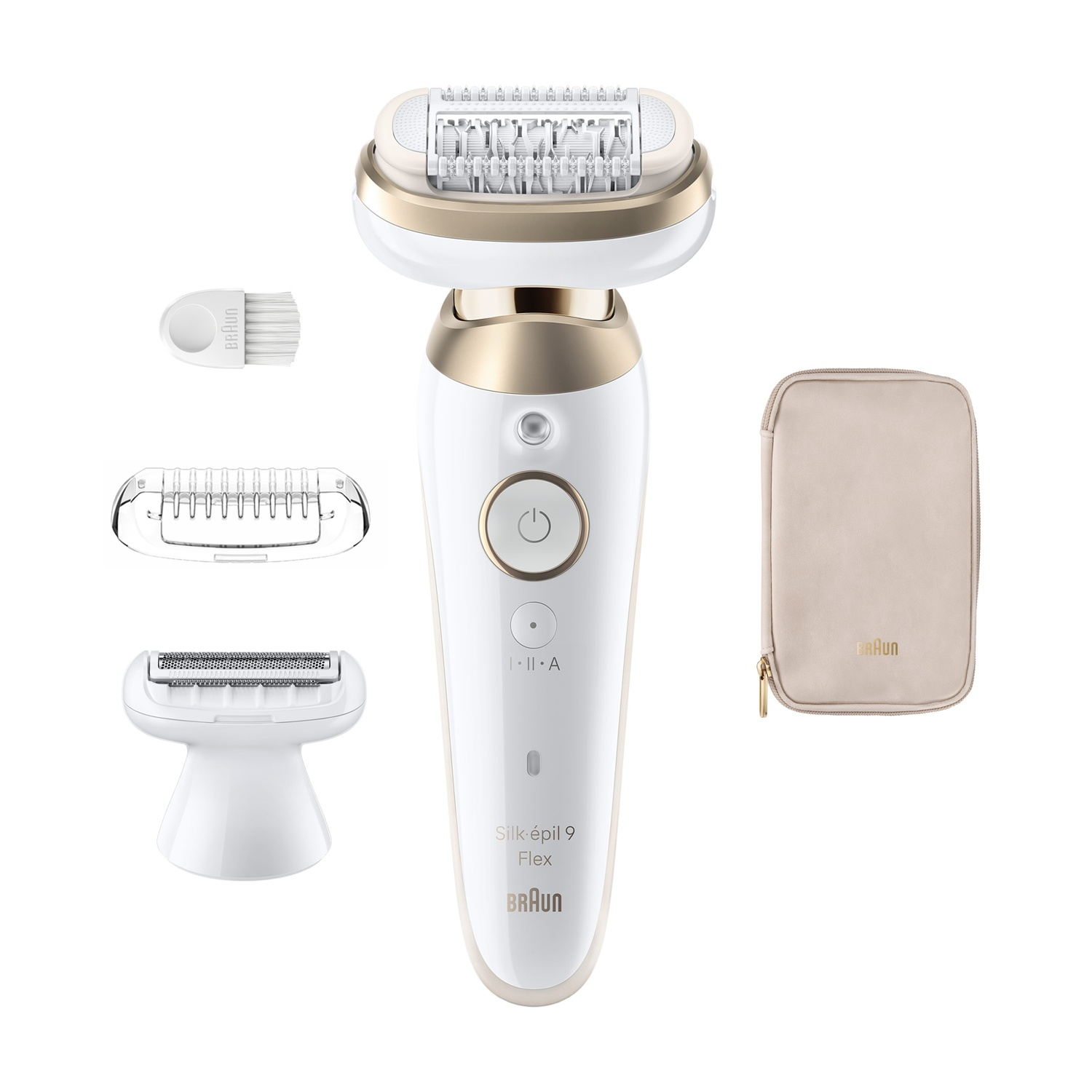 Un epilatore Braun bianco con accenti dorati e accessori.