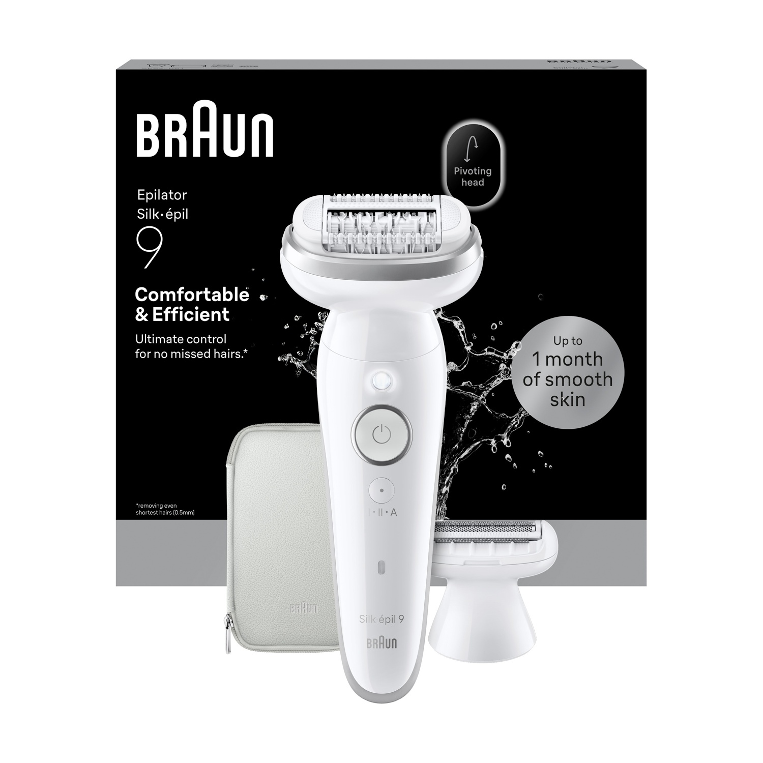 Un epilatore Braun Silk-épil 9 bianco con accessori e confezione.