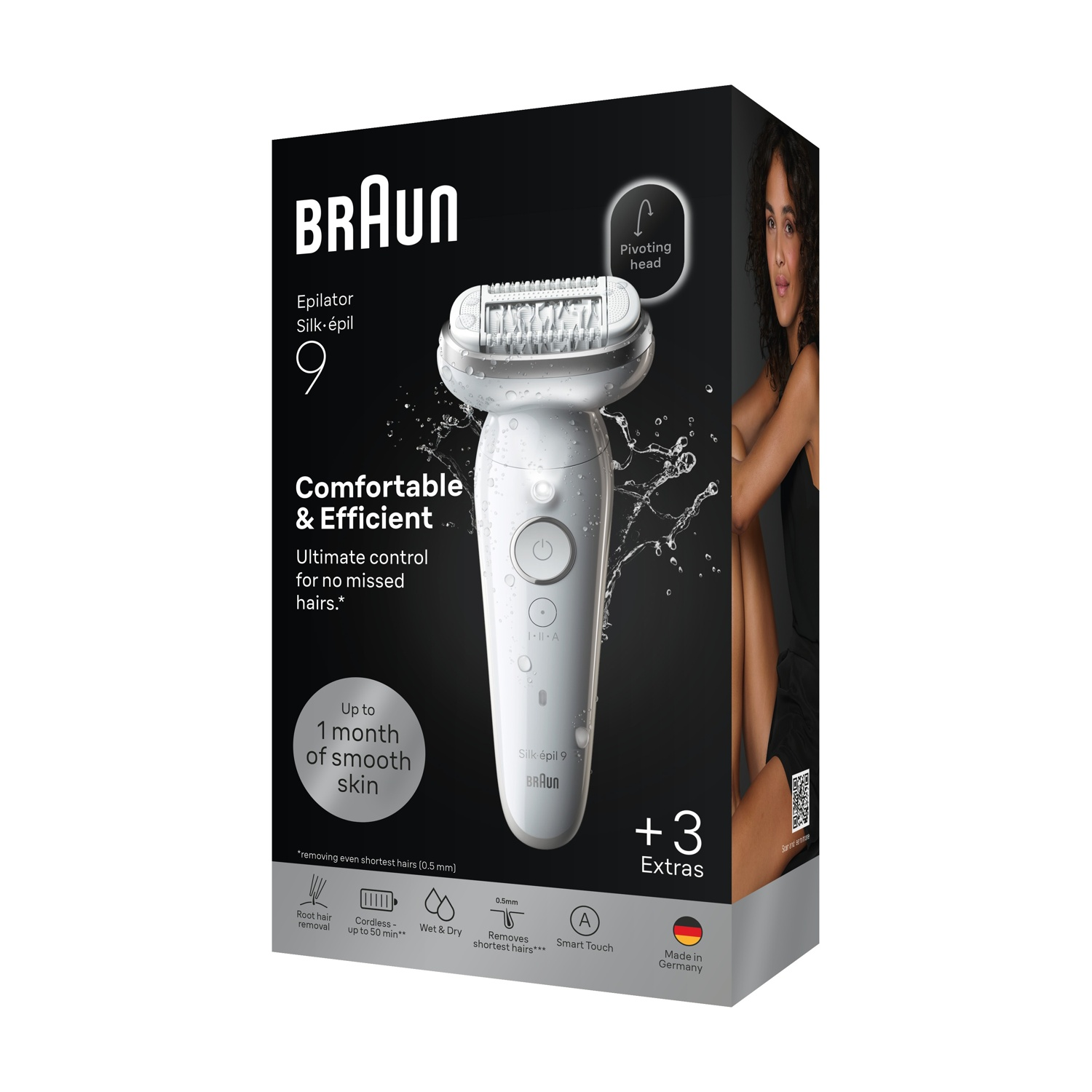 Epilatore Braun Silk-épil 9, bianco, con testina girevole e donna.