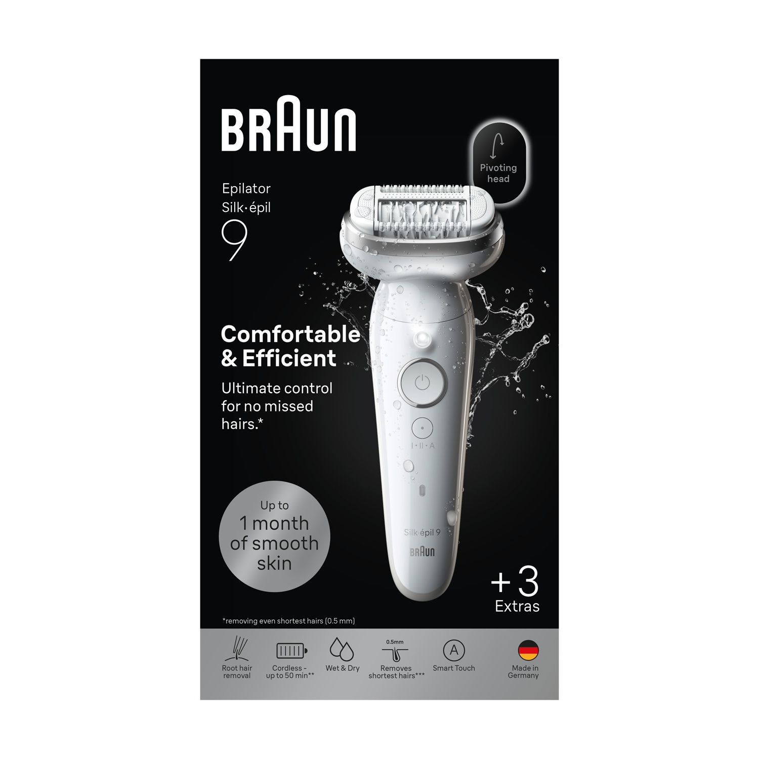 Un epilatore Braun Silk-épil 9 bianco con testina pivotante, mostrato con acqua.