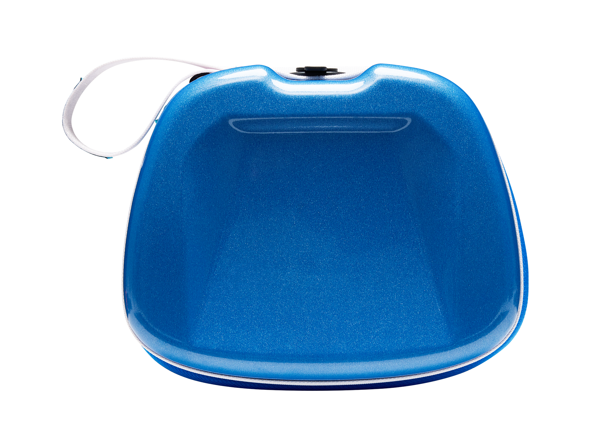 Ein glänzendes, blaues Etui mit weißem Griff und schwarzem Verschluss.