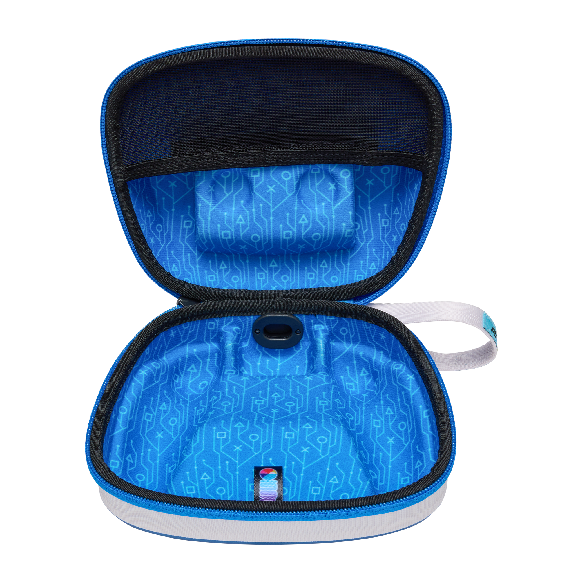 Eine blaue Tasche mit einem leuchtend blauen Innenfutter und einem digitalen Muster.