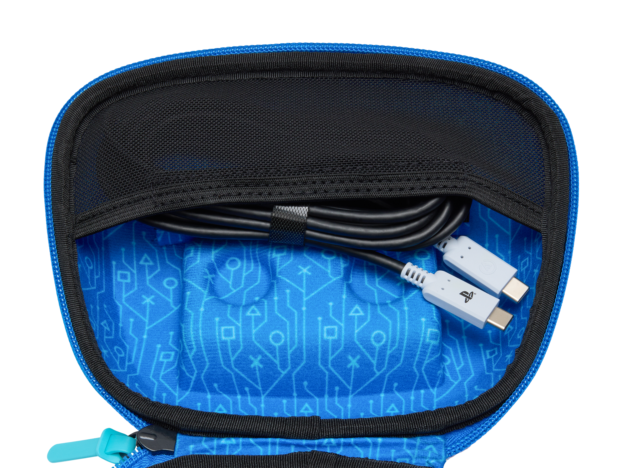 Blaues Etui mit schwarzen Kabeln und weißen USB-C-Steckern. Muster im Inneren.