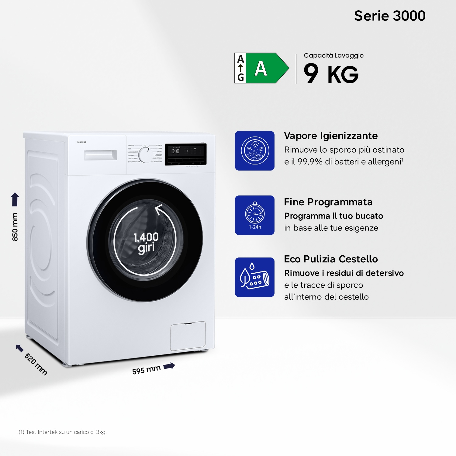 Lavatrice bianca, Serie 3000, capacità 9 kg, Classe Energetica A.
