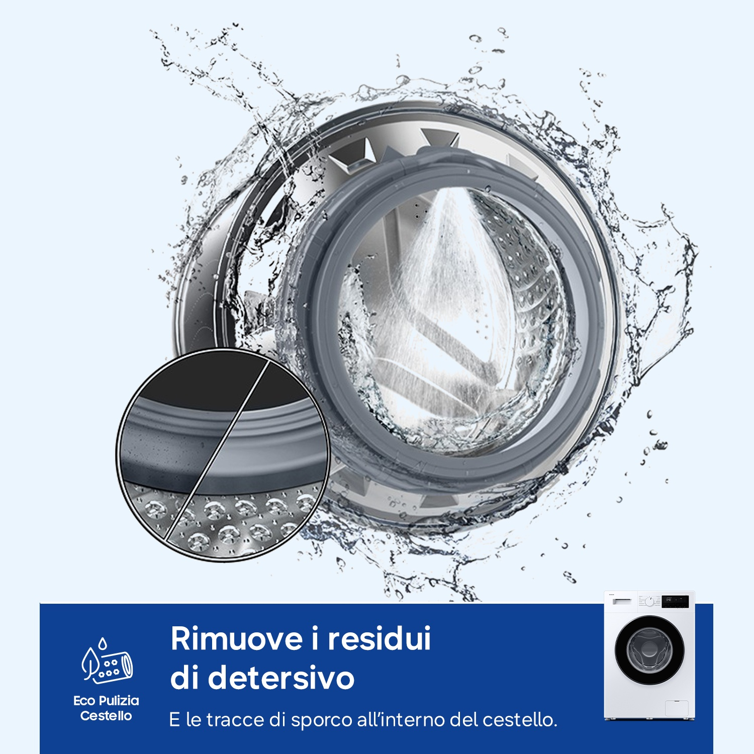 Acqua spruzzata nel cestello della lavatrice, rimuove residui.