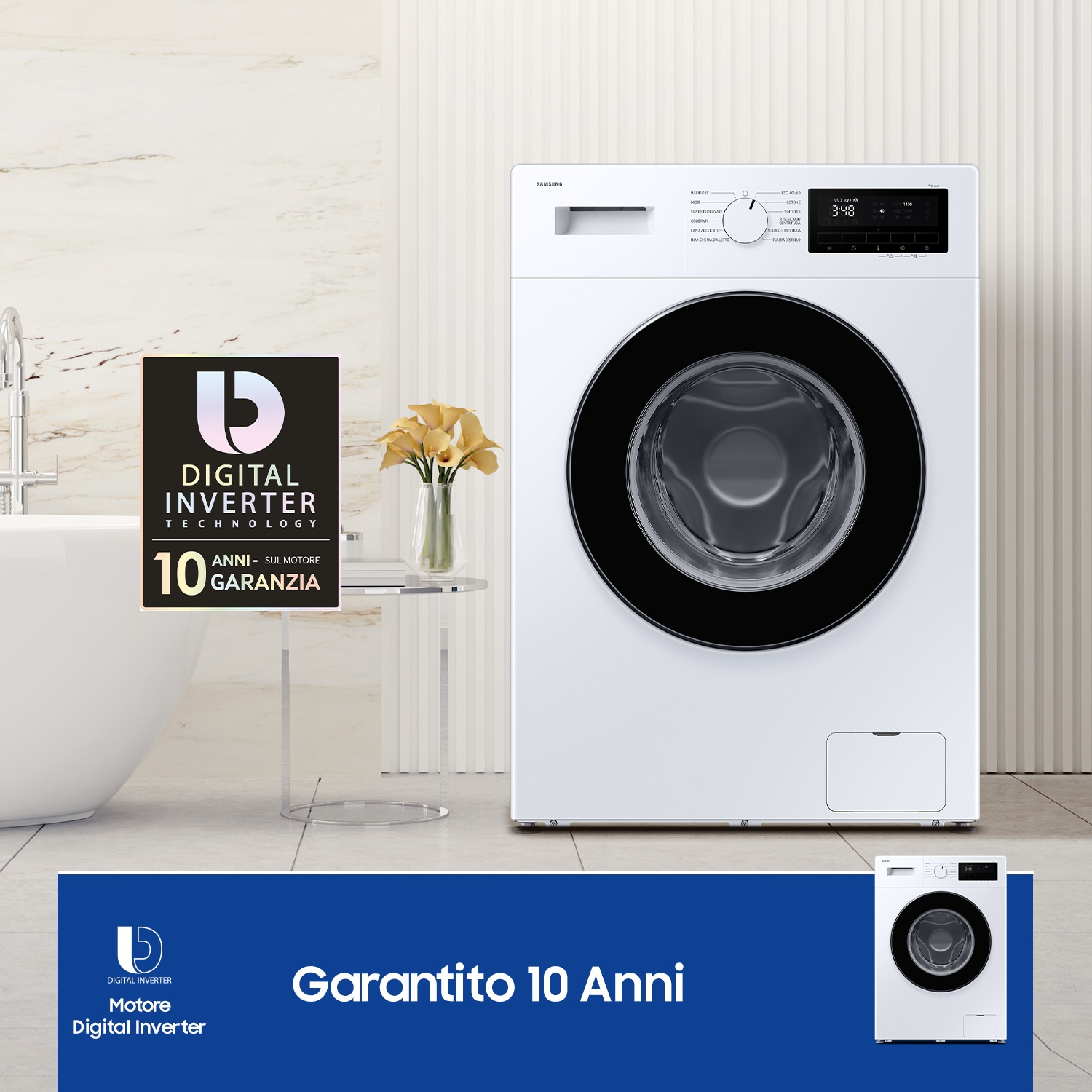 Lavatrice Samsung bianca con oblò e pannello neri. Logo con garanzia 10 anni.