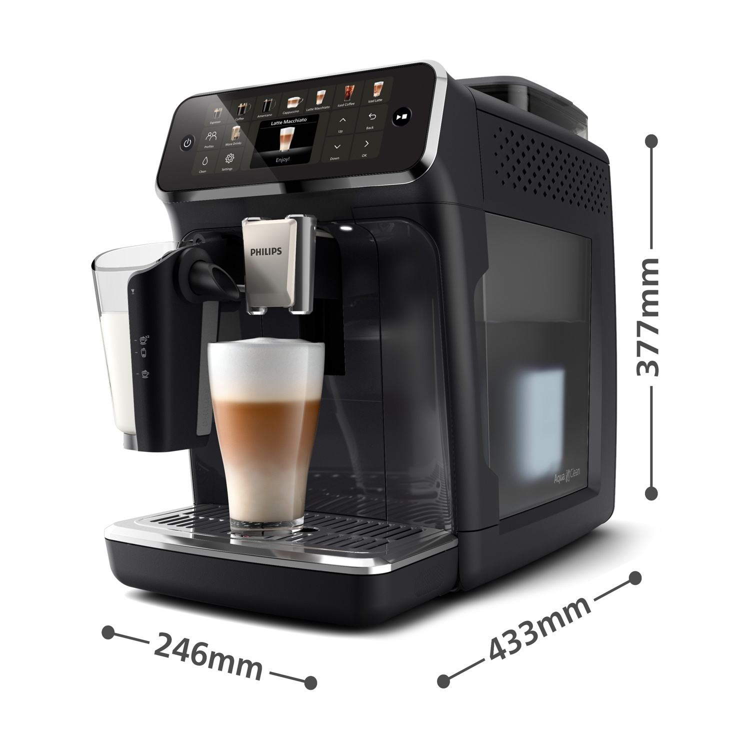 Macchina da caffè automatica Philips nera con Latte Macchiato in un bicchiere. Dimensioni indicate.