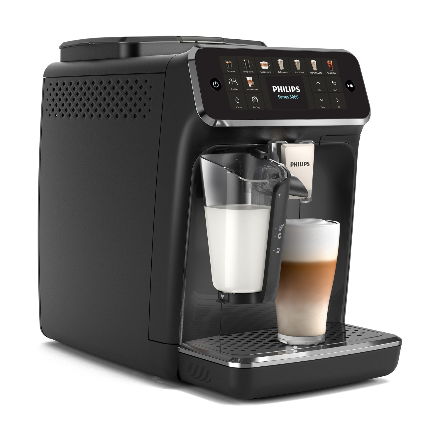 Macchina da caffè Philips nera con caraffa per latte e un latte macchiato.