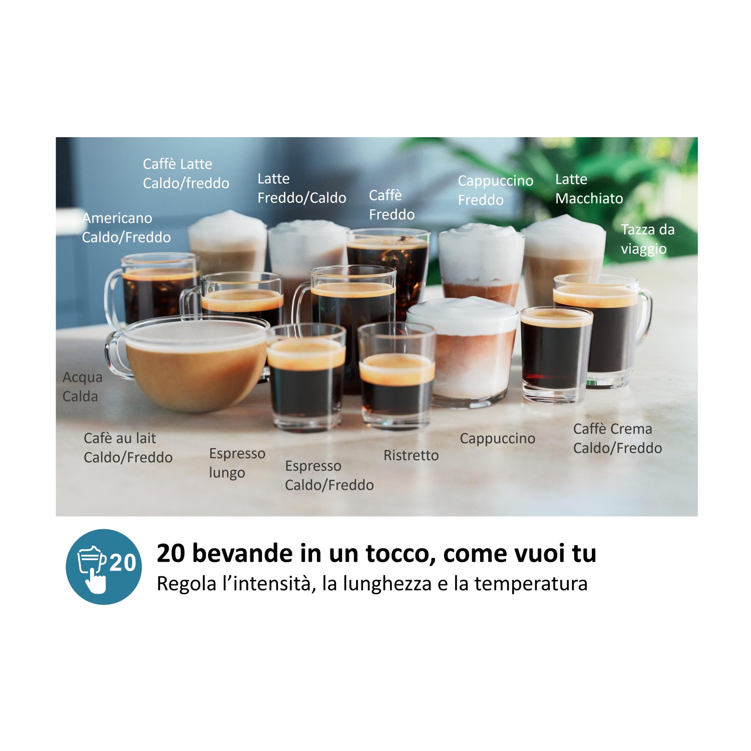 Varie bevande al caffè in bicchieri e tazze, etichettate con nomi e temperatura.