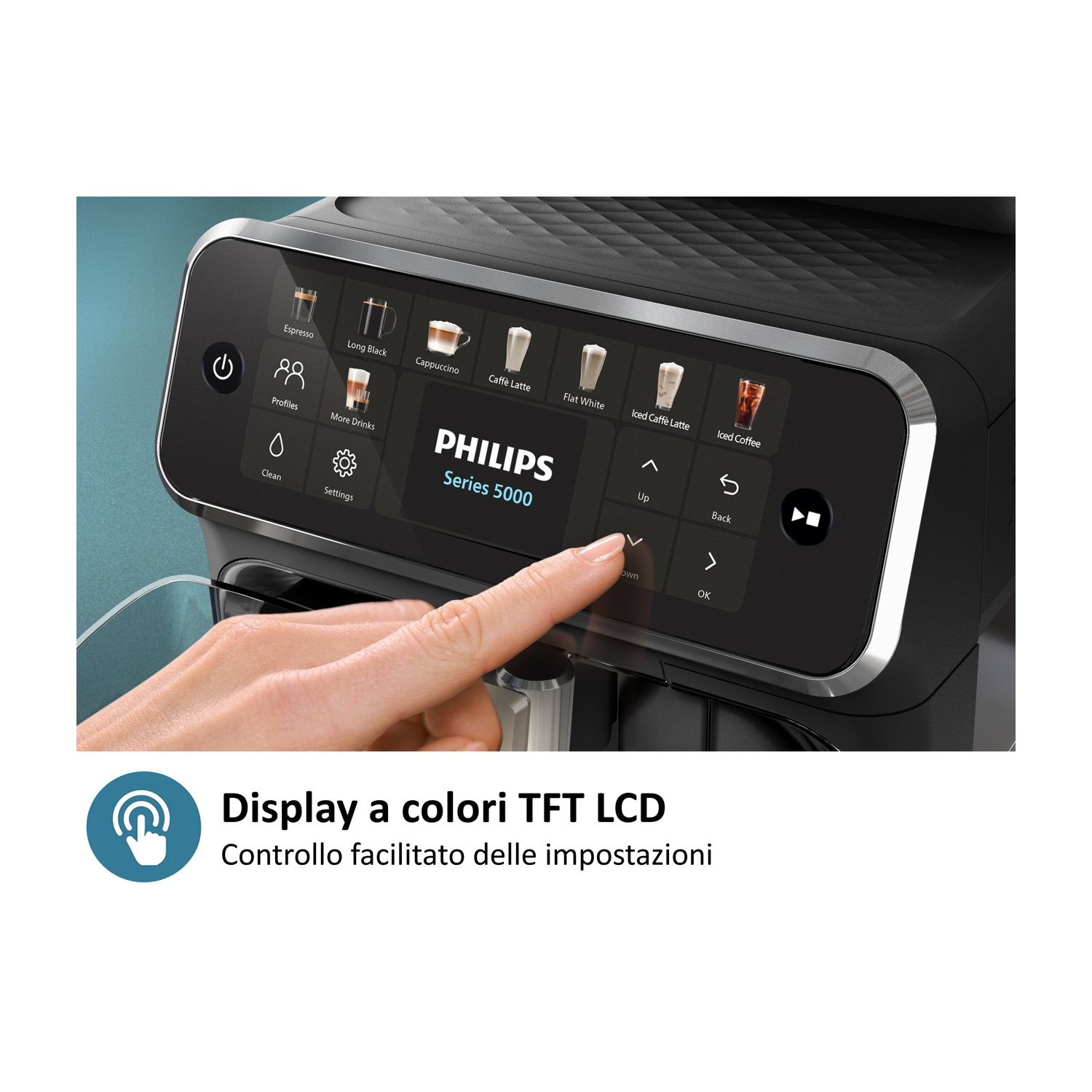 Una mano tocca lo schermo di una macchina da caffè Philips che mostra varie bevande.