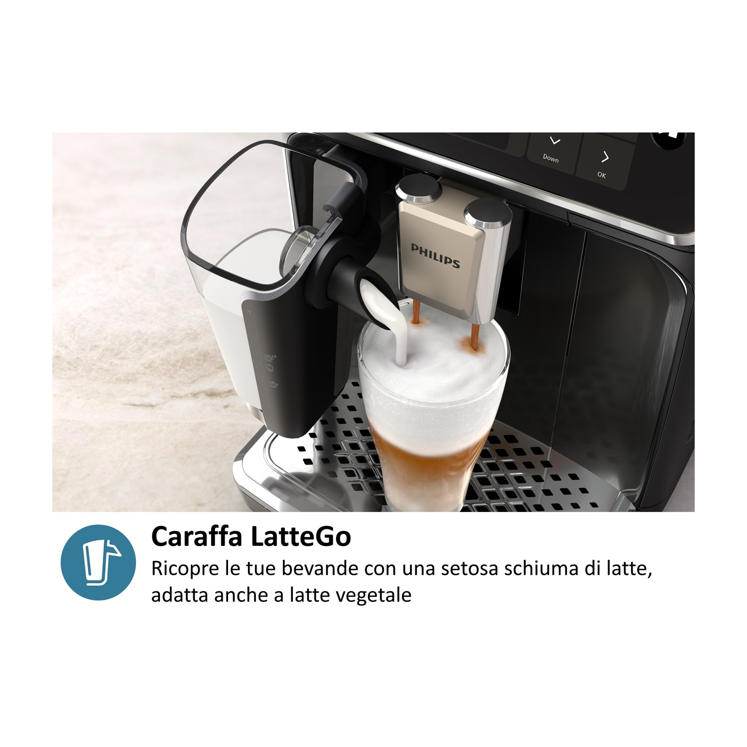 Una macchina da caffè Philips con caraffa latte prepara un latte.