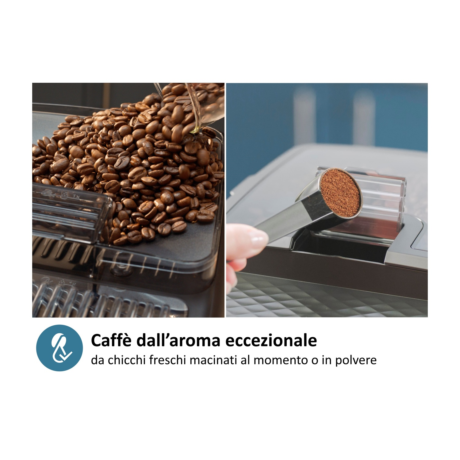 Caffè in grani versato in un contenitore; un misurino contiene caffè macinato.