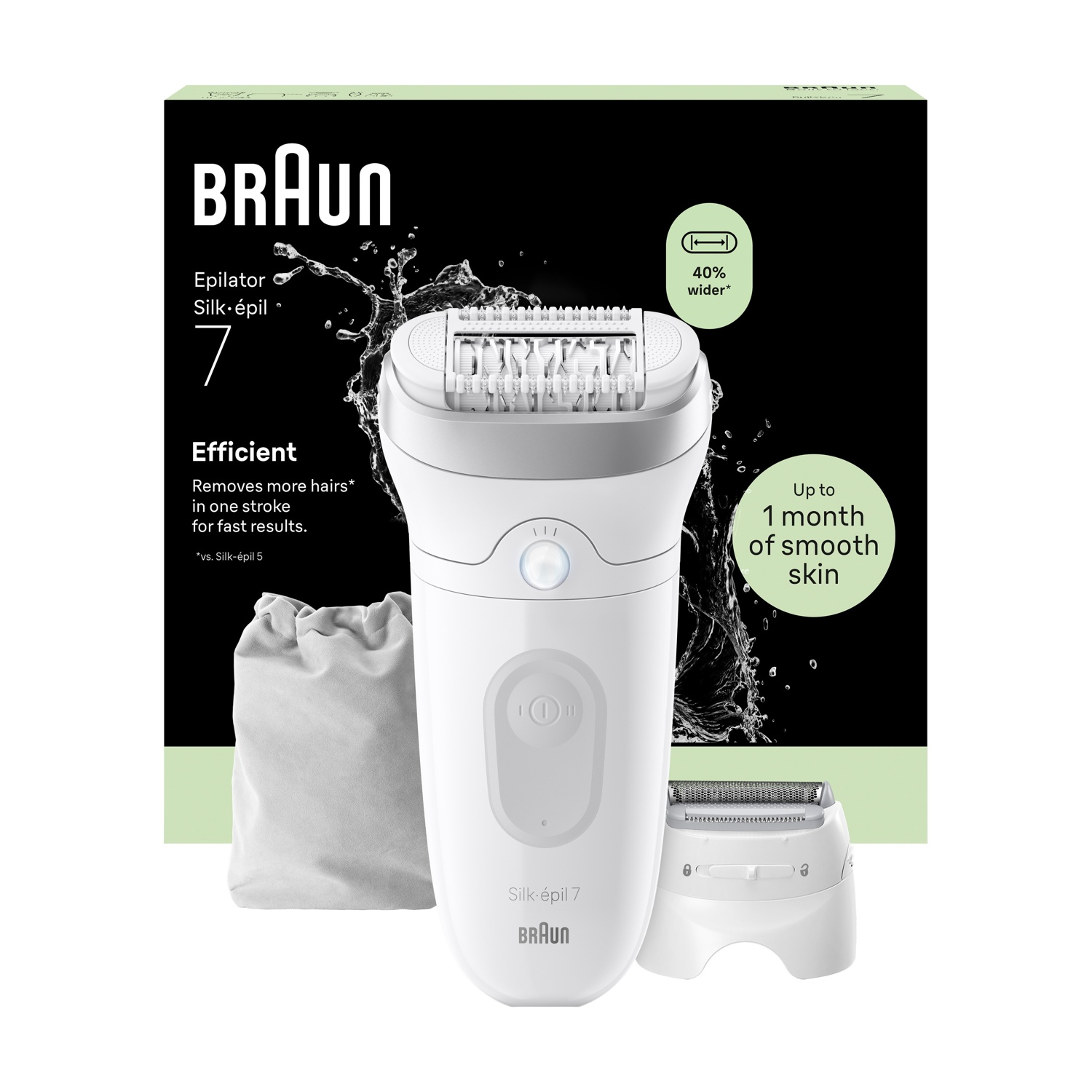 Epilatore Braun Silk-épil 7 con spazzola per la pulizia e base di ricarica.