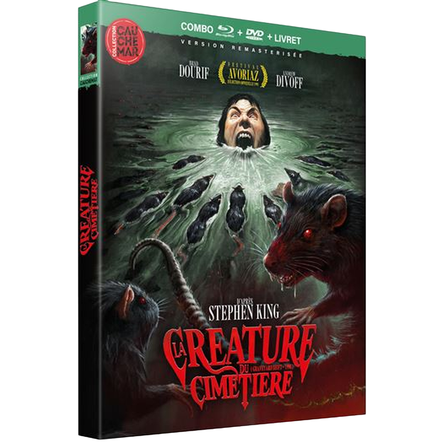 Un homme crie dans l'eau entouré de rats. Pochette DVD.