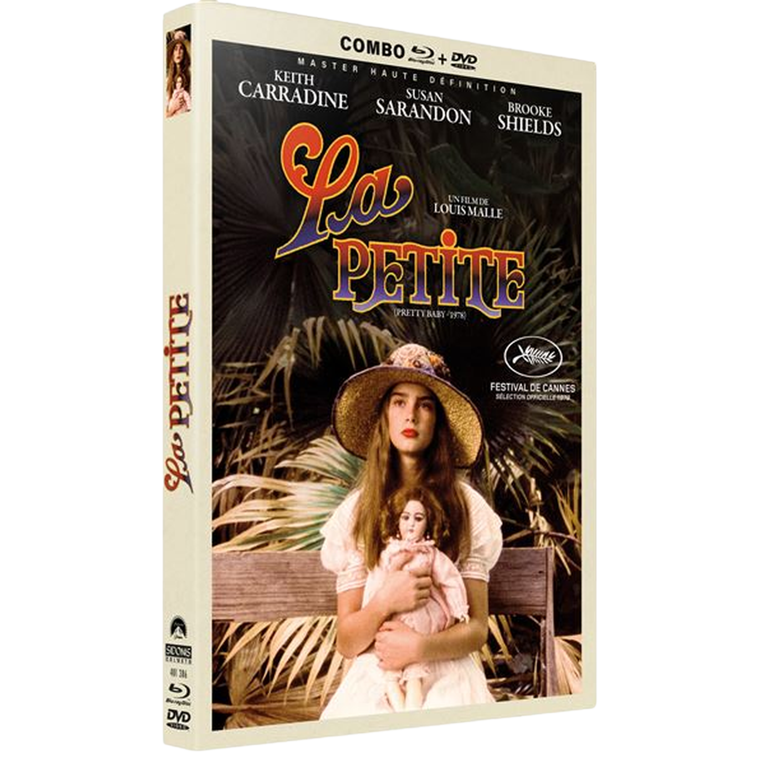 Dvd-hoes: Meisje met hoed en pop voor palmen. Titel: La Petite.
