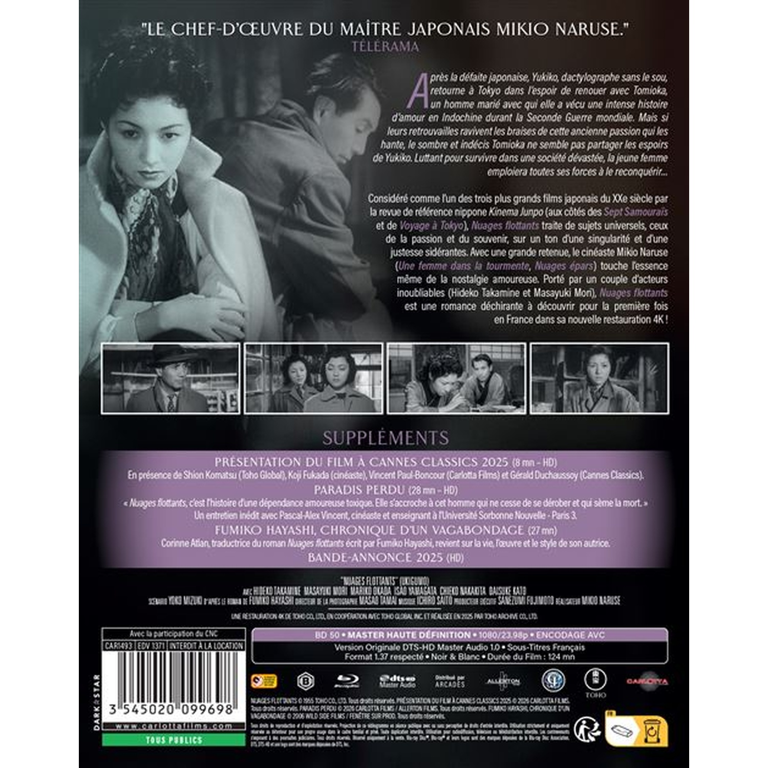Affiche de film avec un couple et texte sur "Nuages flottants" de Mikio Naruse.