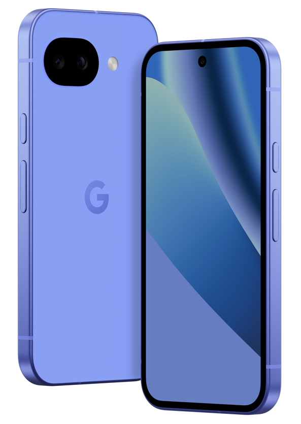 Zwei lila Smartphones, eines von hinten mit Kameras, das andere von vorne mit Display.