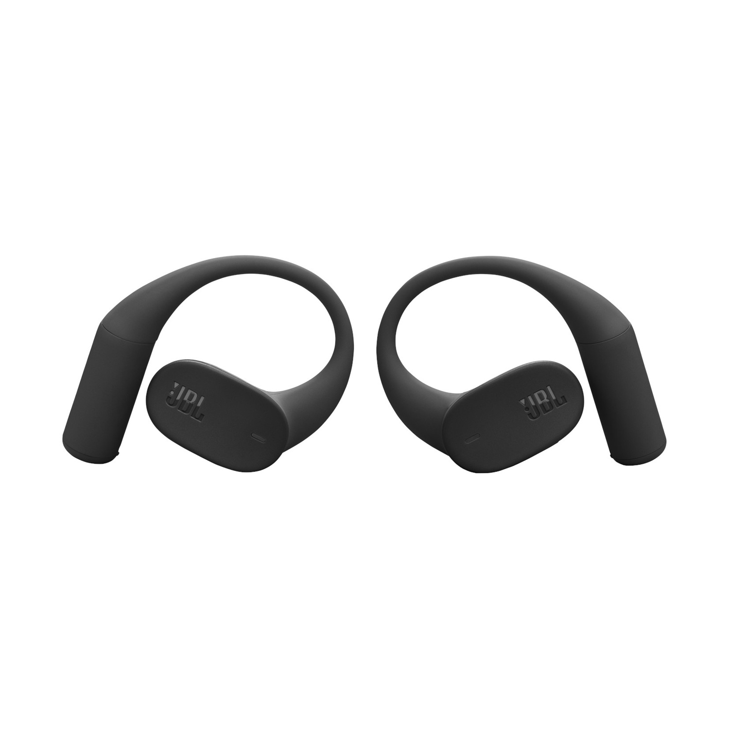 Due auricolari JBL neri con ganci per l'orecchio, su sfondo bianco.