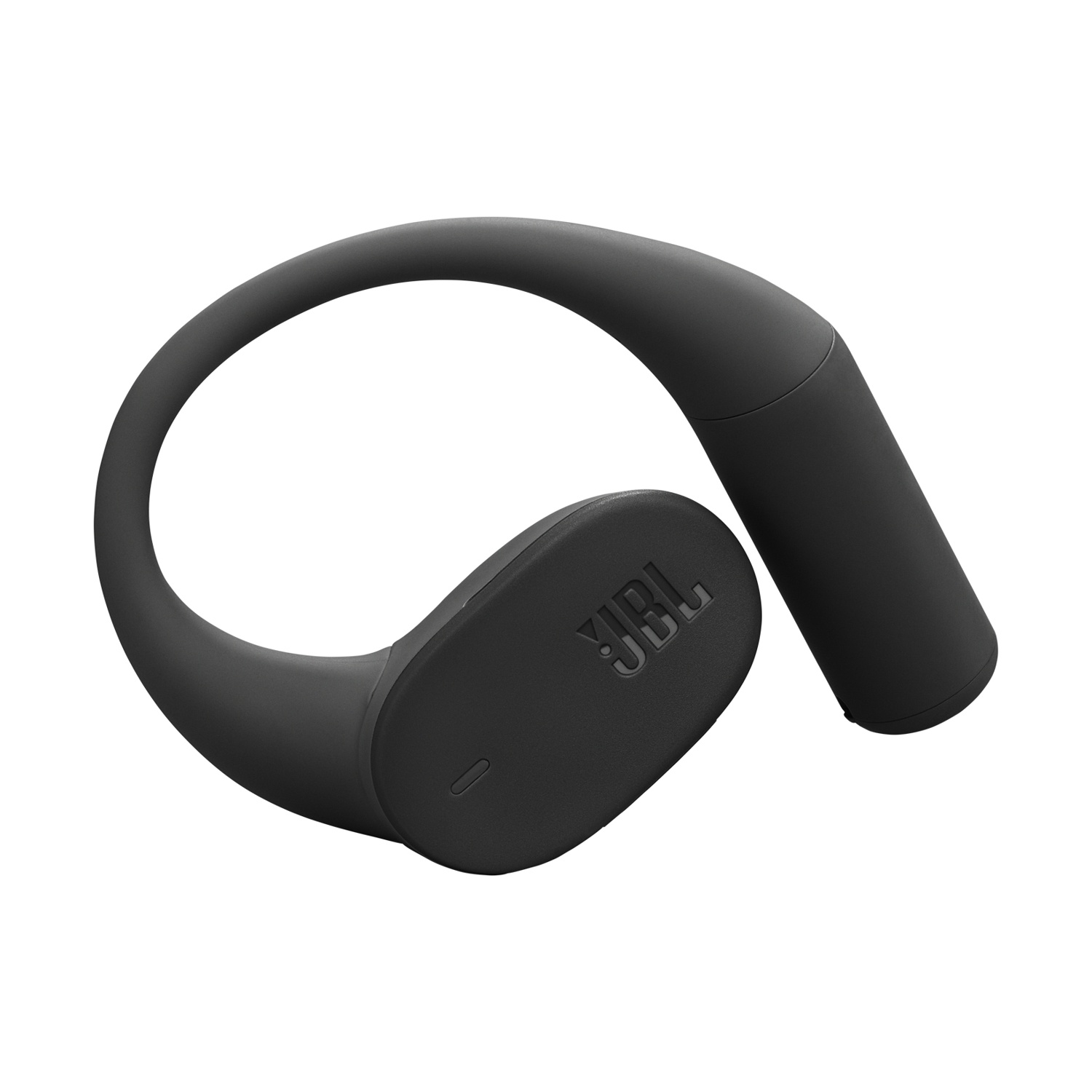 Un auricolare JBL nero con design a gancio sopra l'orecchio.