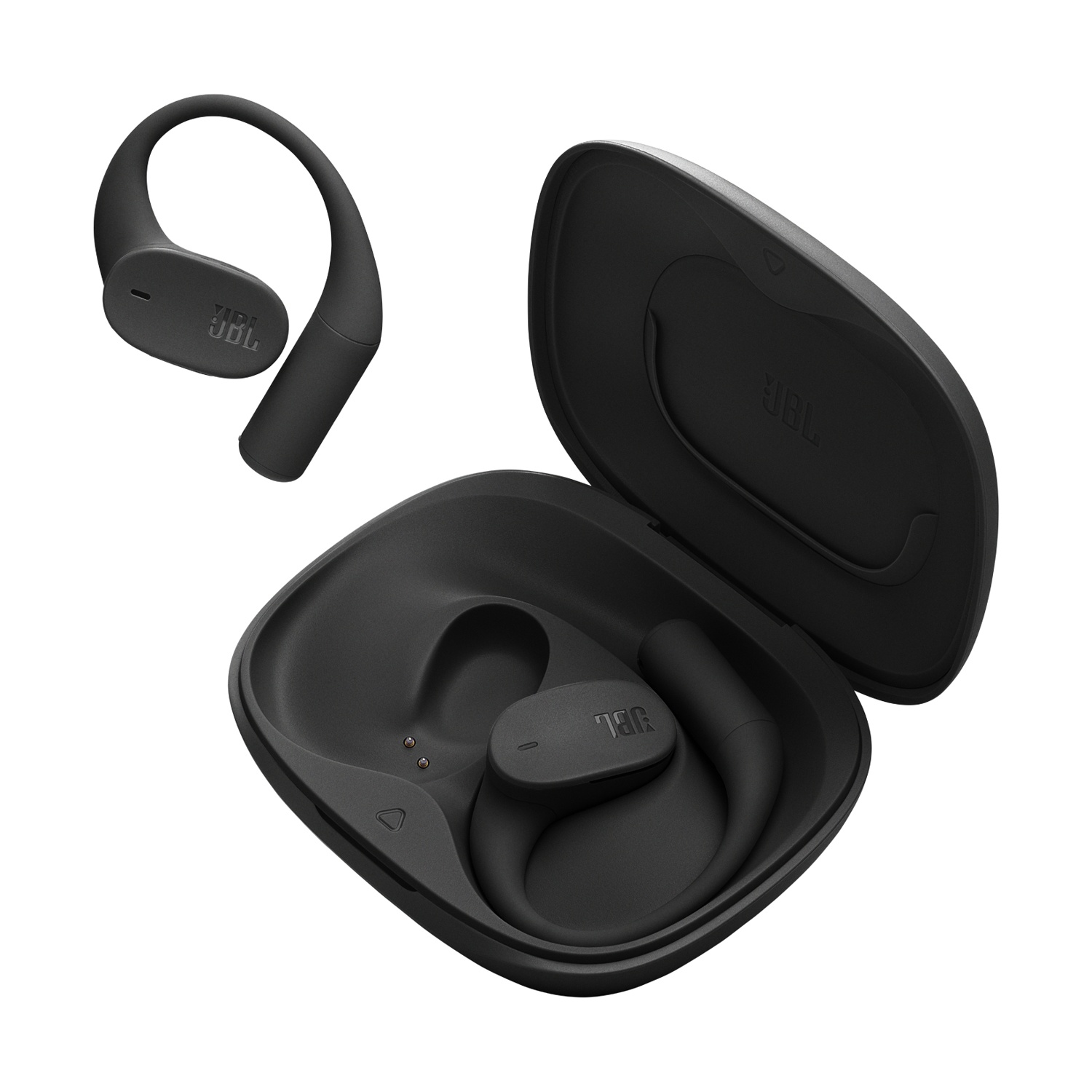 Auricolari JBL neri in un caricatore aperto su sfondo bianco.